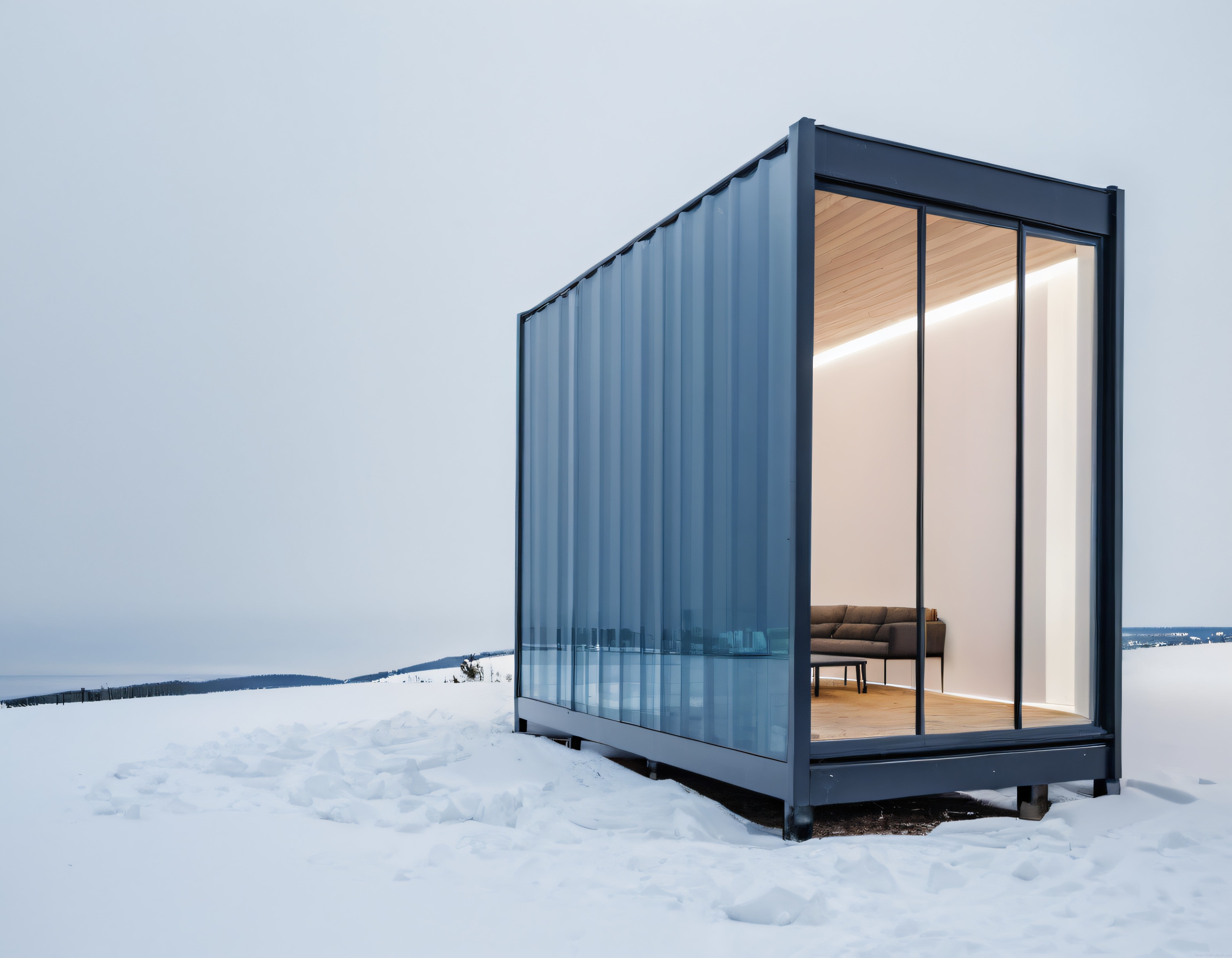 Karlı Dağlarda Minimalist Konteyner Ev ve Modern Cam Cephe Tasarımı