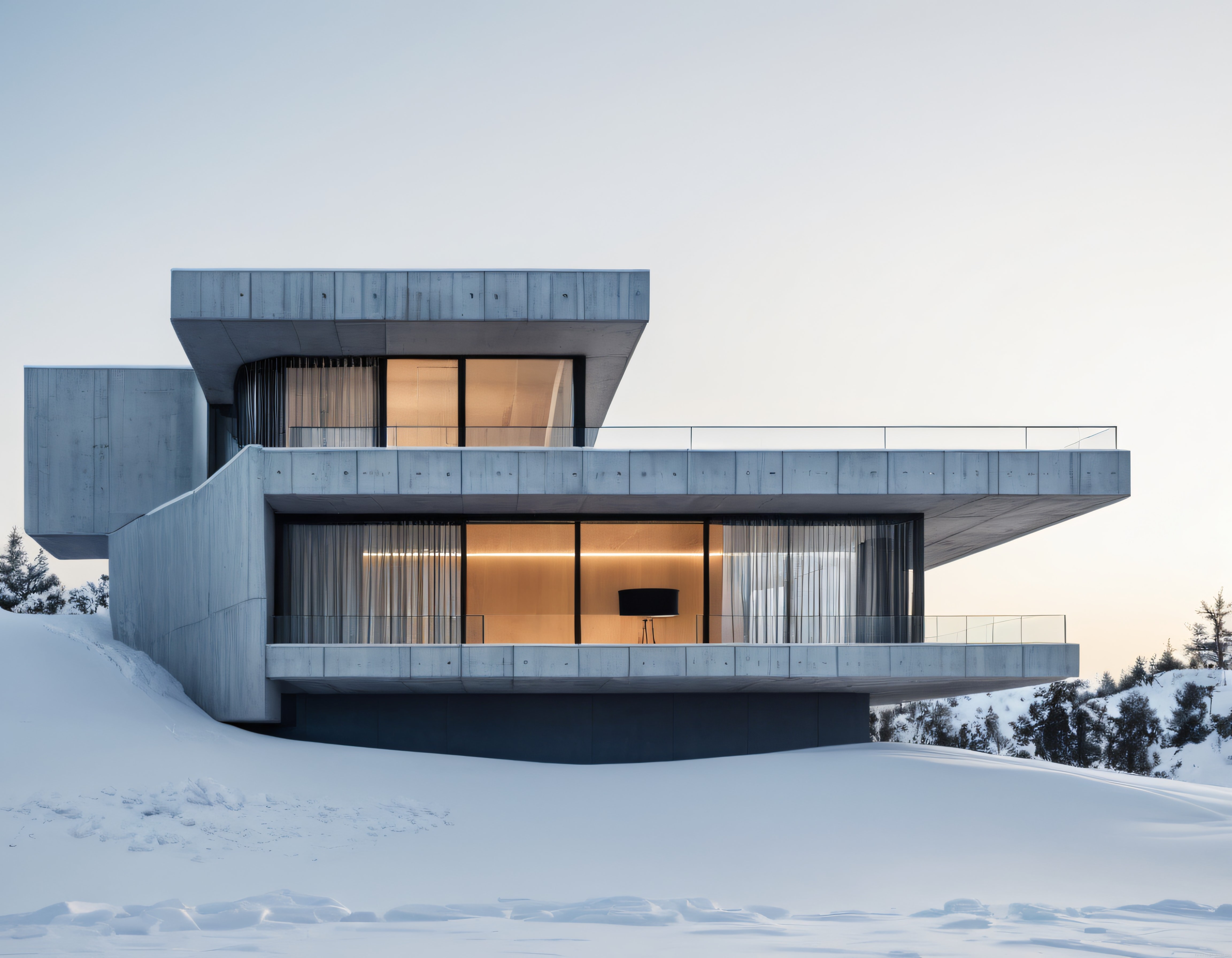 Karlı Dağlarda Modern Beton Villa: Minimalist Mimarinin Zamansız Güzelliği