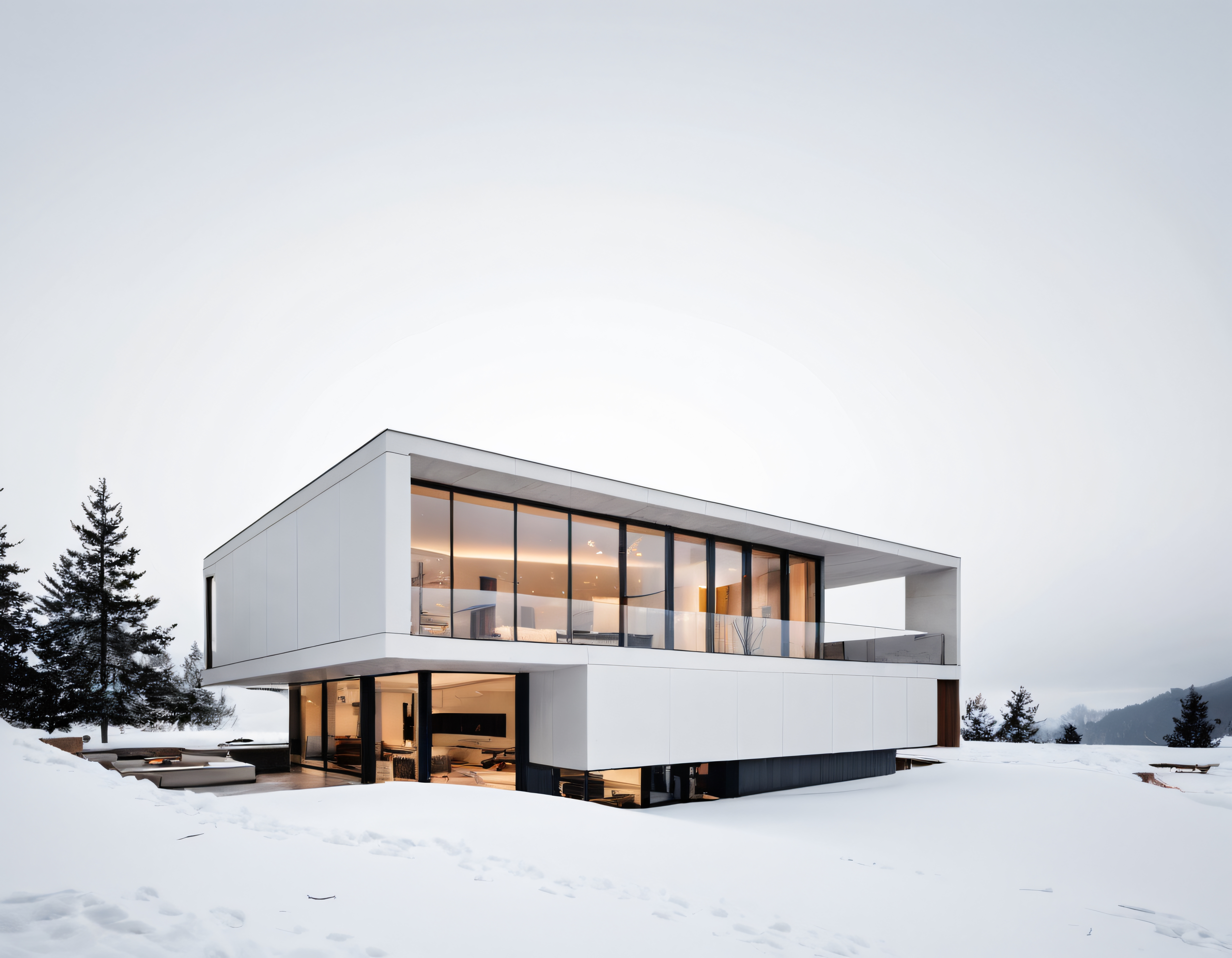 Karlı Dağlarda Modern Minimalist Villa ve Cam Cephe Tasarımı