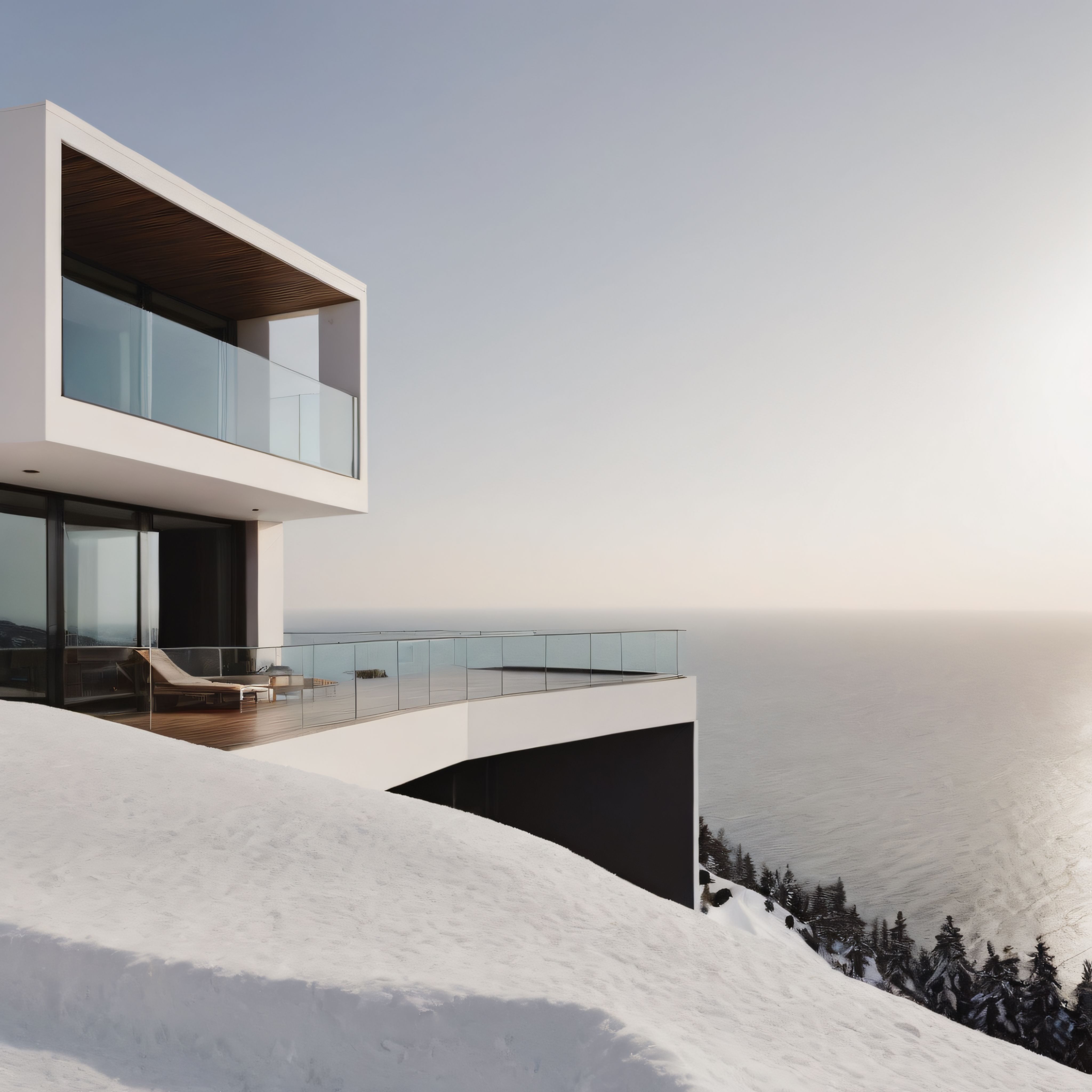 Karlı Dağlarda Uçurum Kenarına Oturtulmuş Modern Cam ve Beton Villa