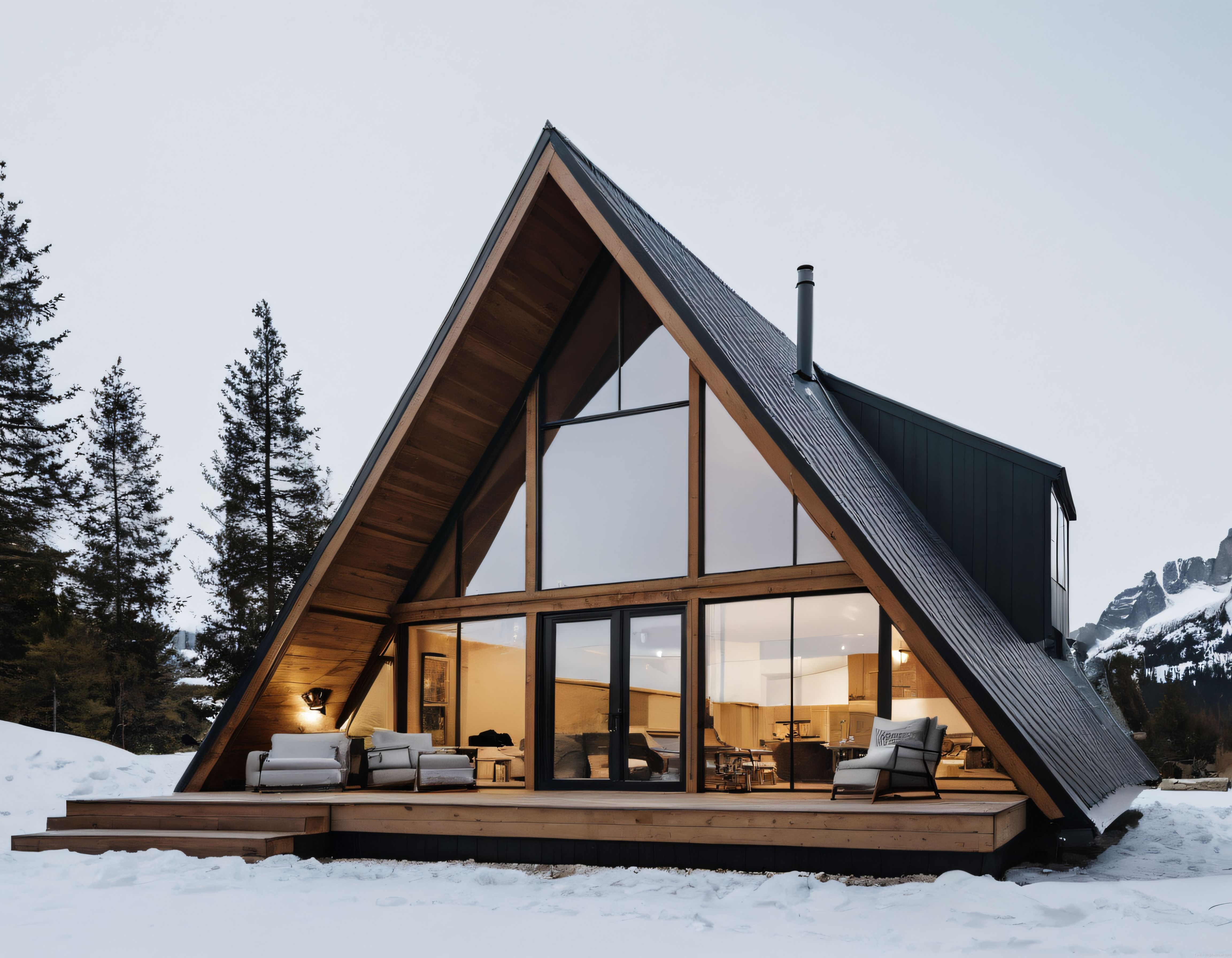 Karlı Dağların Arasındaki Sıcak Işıklı Cam Cepheli Modern A-Frame Ev