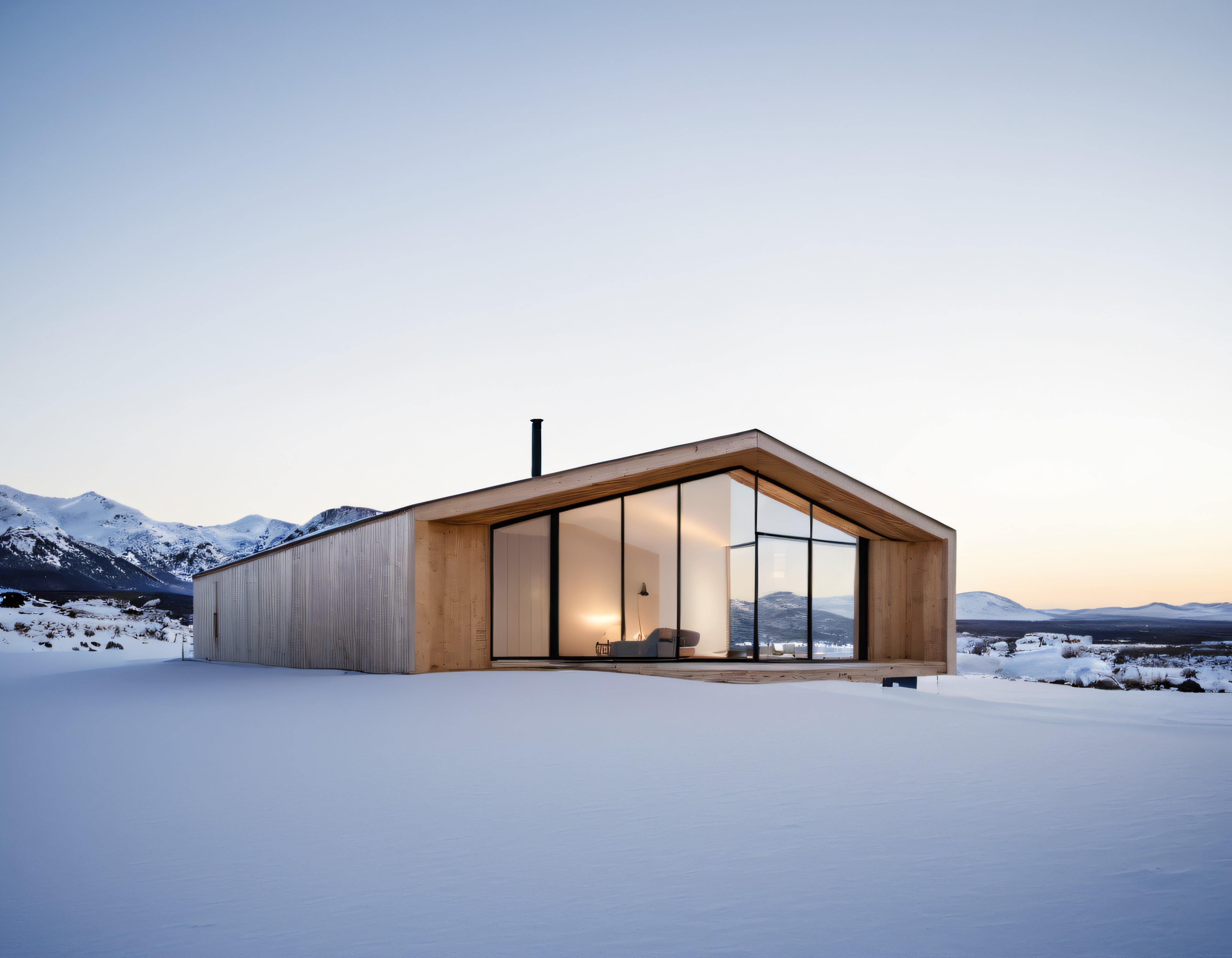 Karlı Dağların Eşsiz Arka Planında Modern Minimalist Cam ve Ahşap Dağ Evi