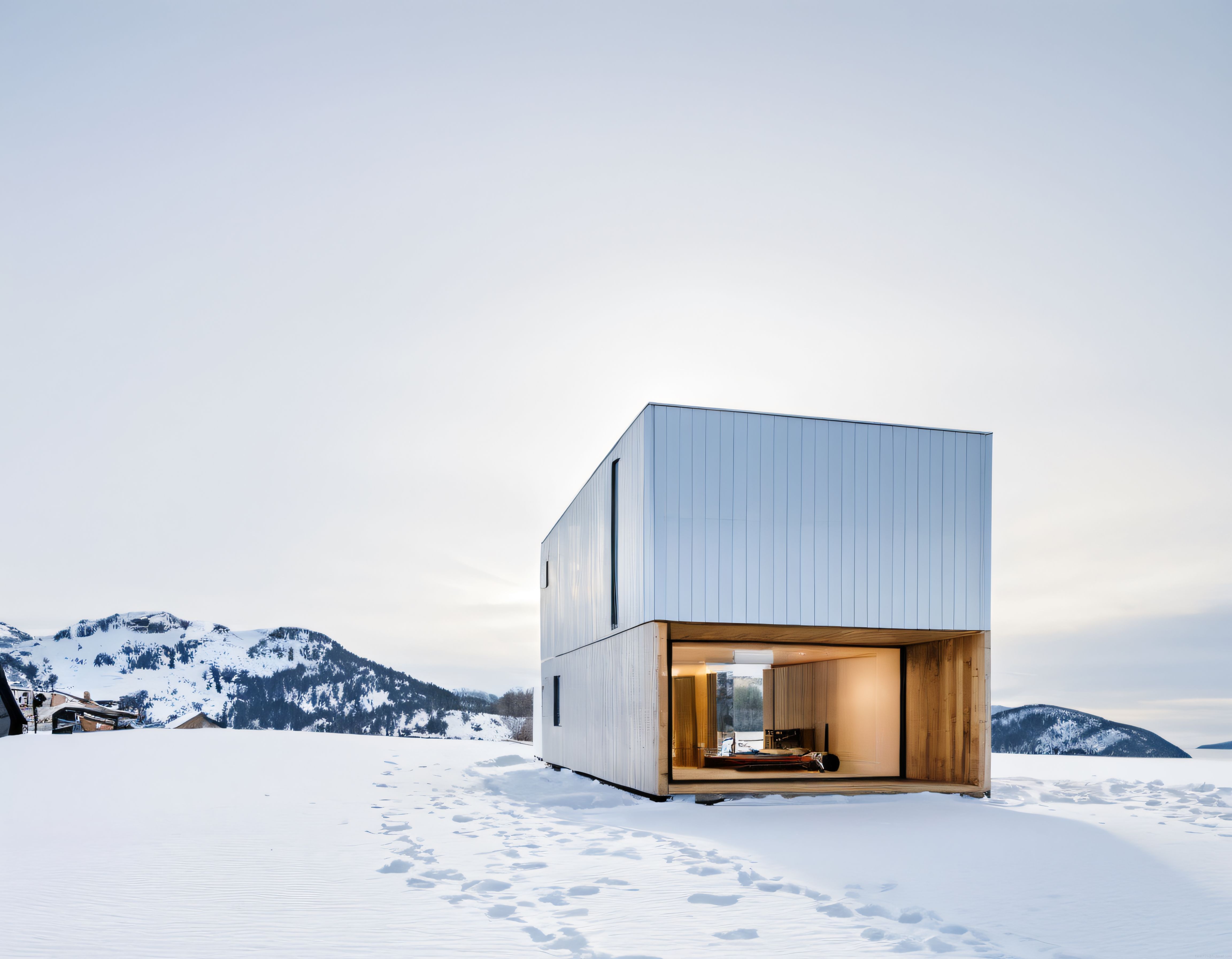 Karlı Dağların Eşsiz Manzarasında Modern Minimalist Konteyner Ev Tasarımı