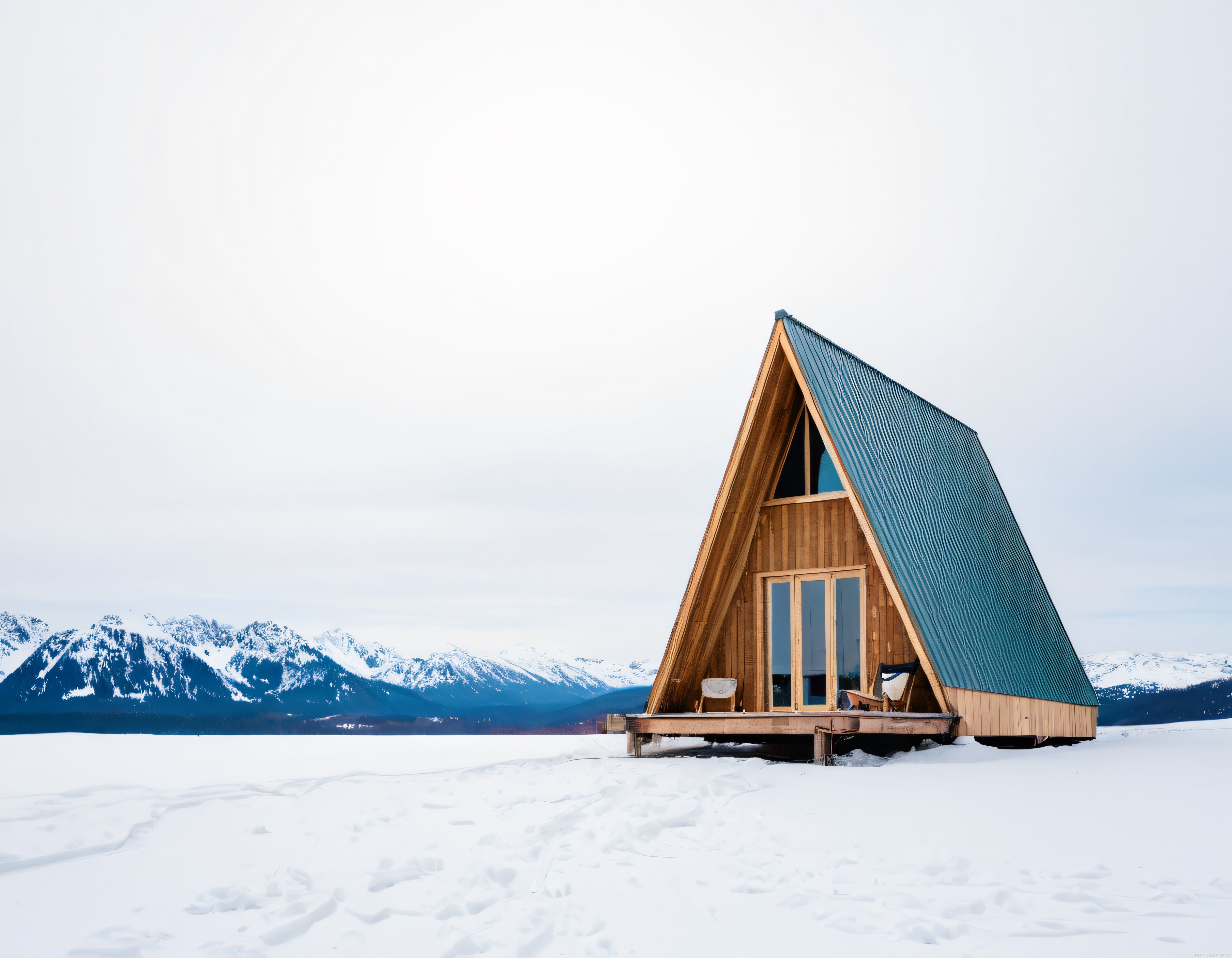 Karlı Dağların Eteğinde Modern A-Frame Ahşap Kulübe ve Kış Manzarası