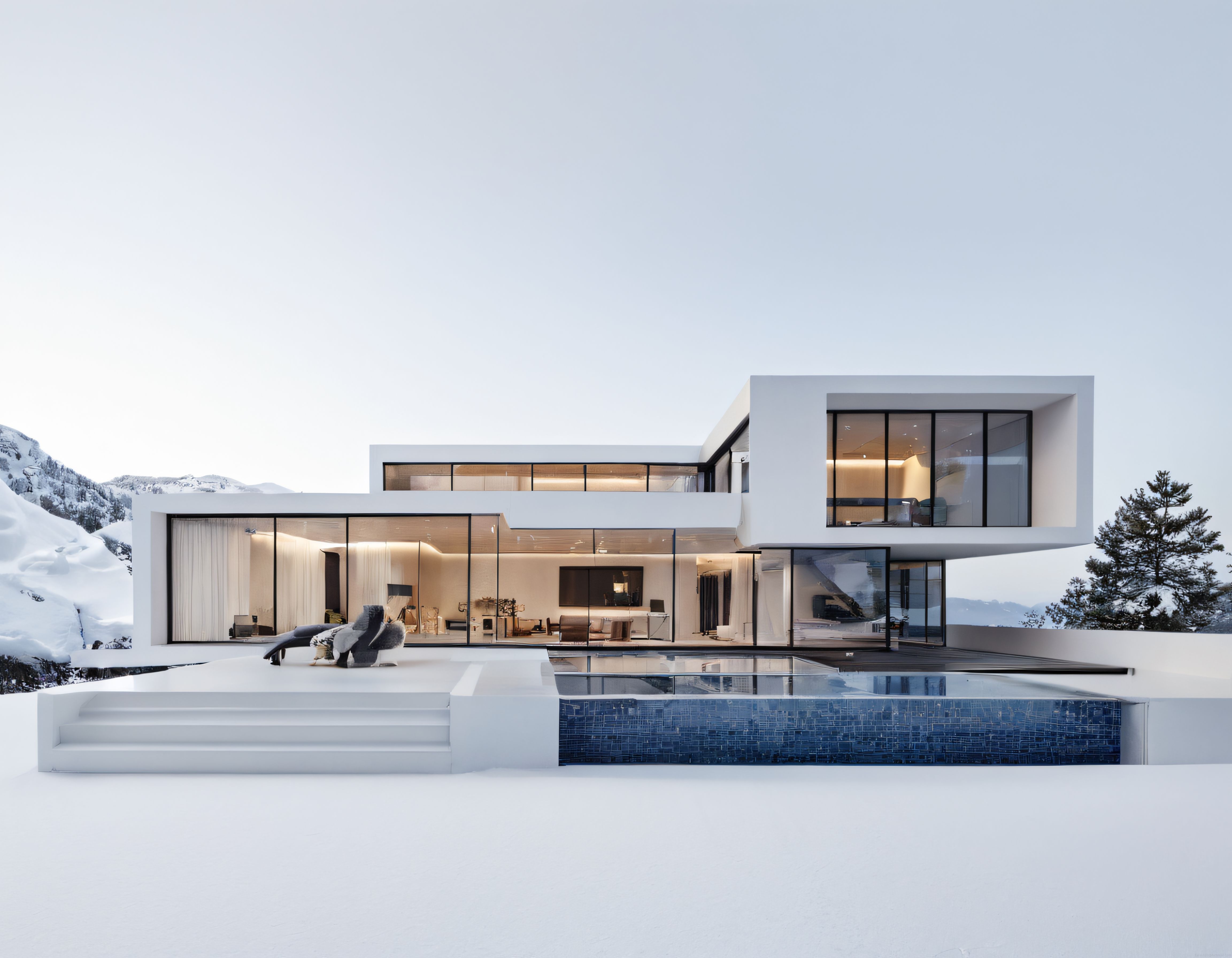 Karlı Dağların Eteklerinde Cam Cepheli Lüks Villa ve Modern Mimari Harikası