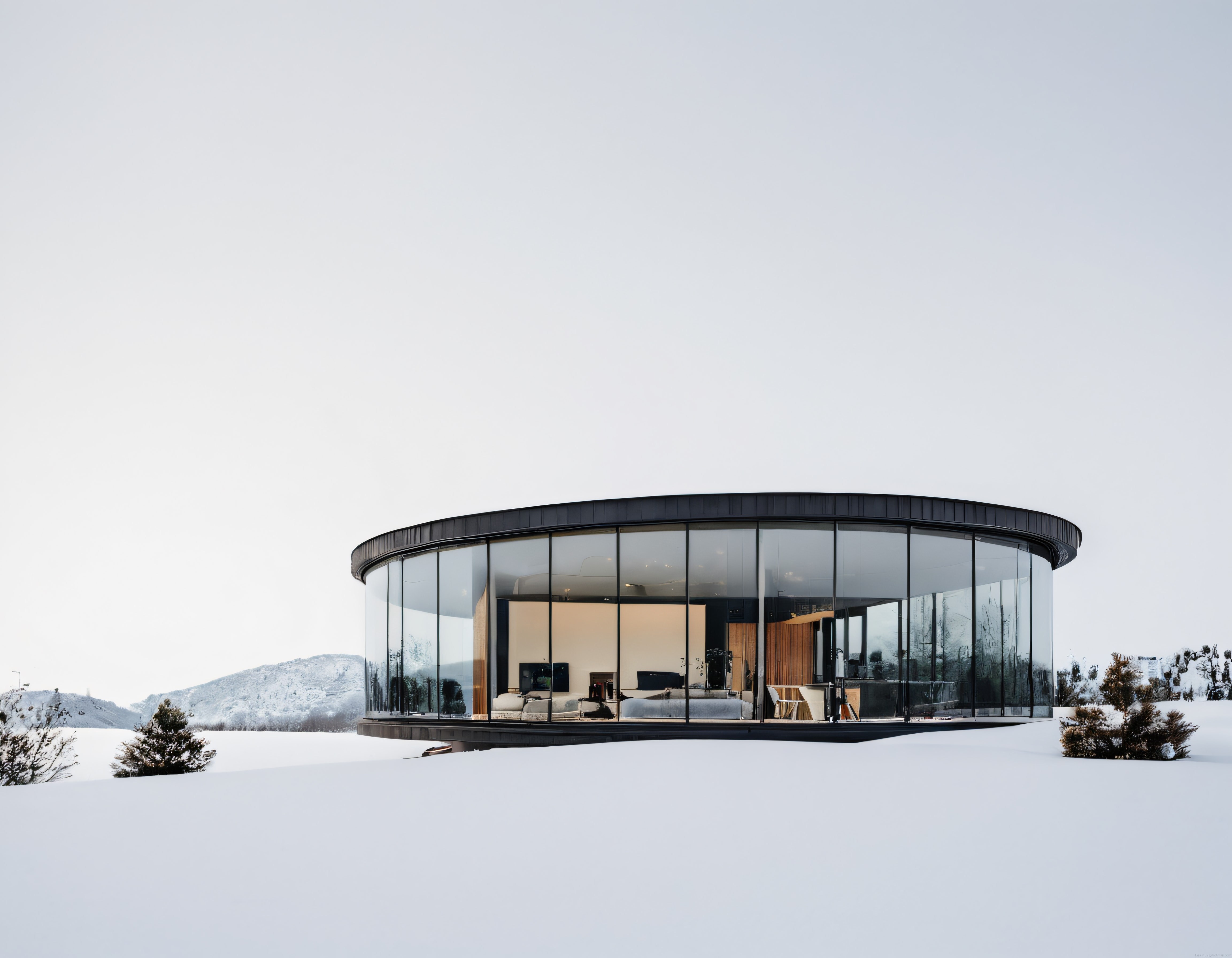 Karlı Dağların Eteklerinde Cam Cepheli Minimalist Yuvarlak Bir Ev