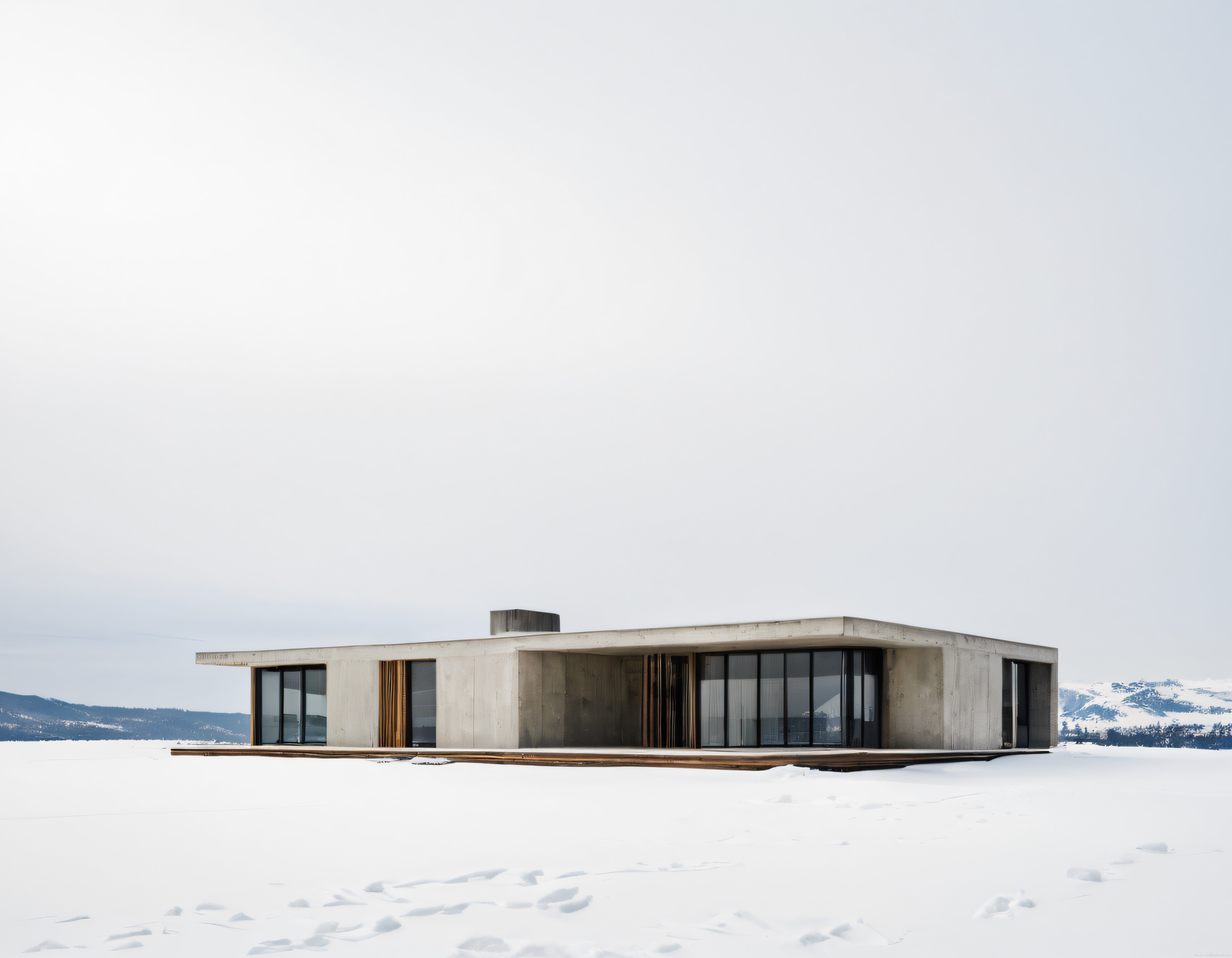 Karlı Dağların Eteklerinde Doğayla Bütünleşen Modern Beton Villa