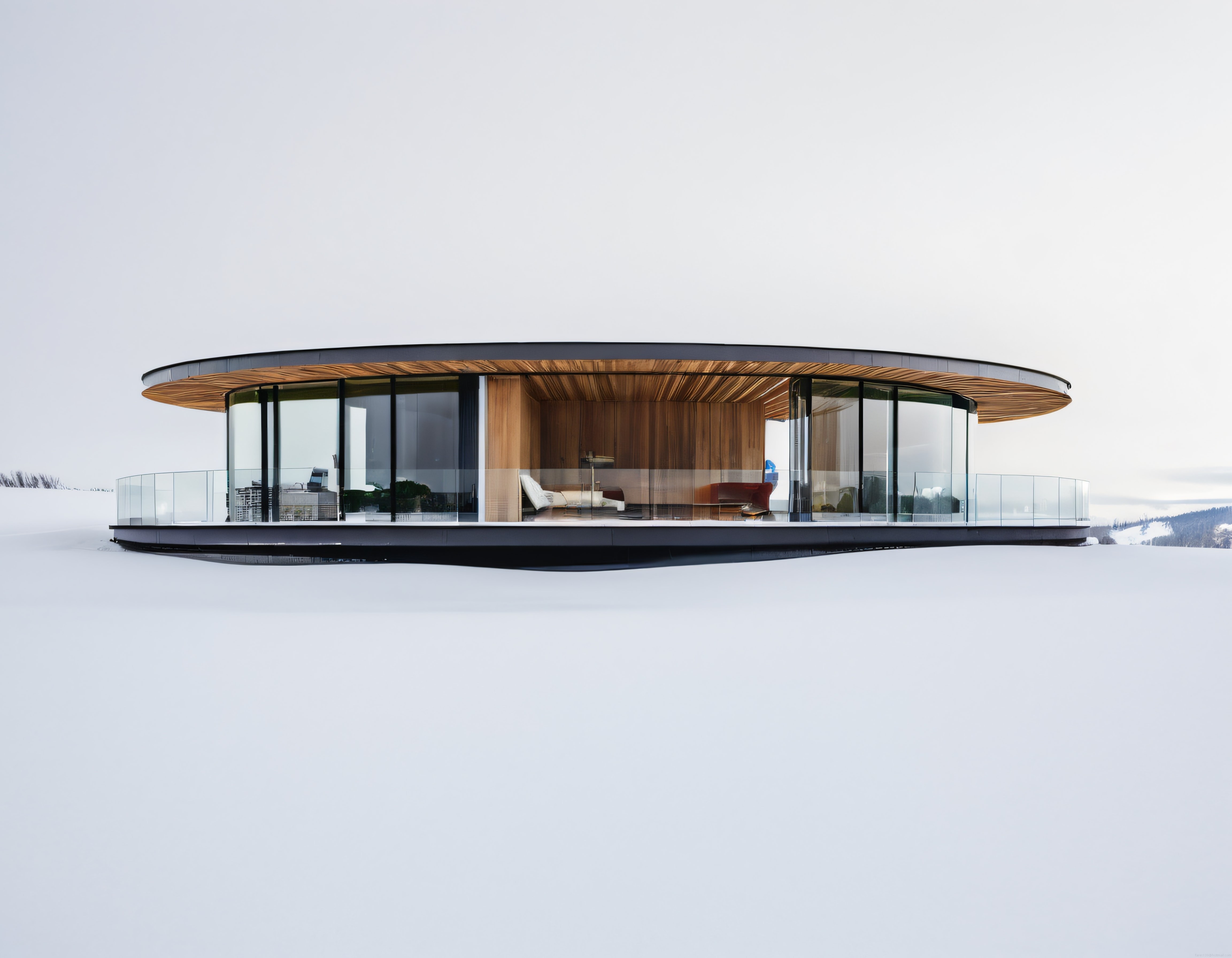 Karlı Dağların Eteklerinde Lüks ve Modern Yuvarlak Cam Villa Tasarımı