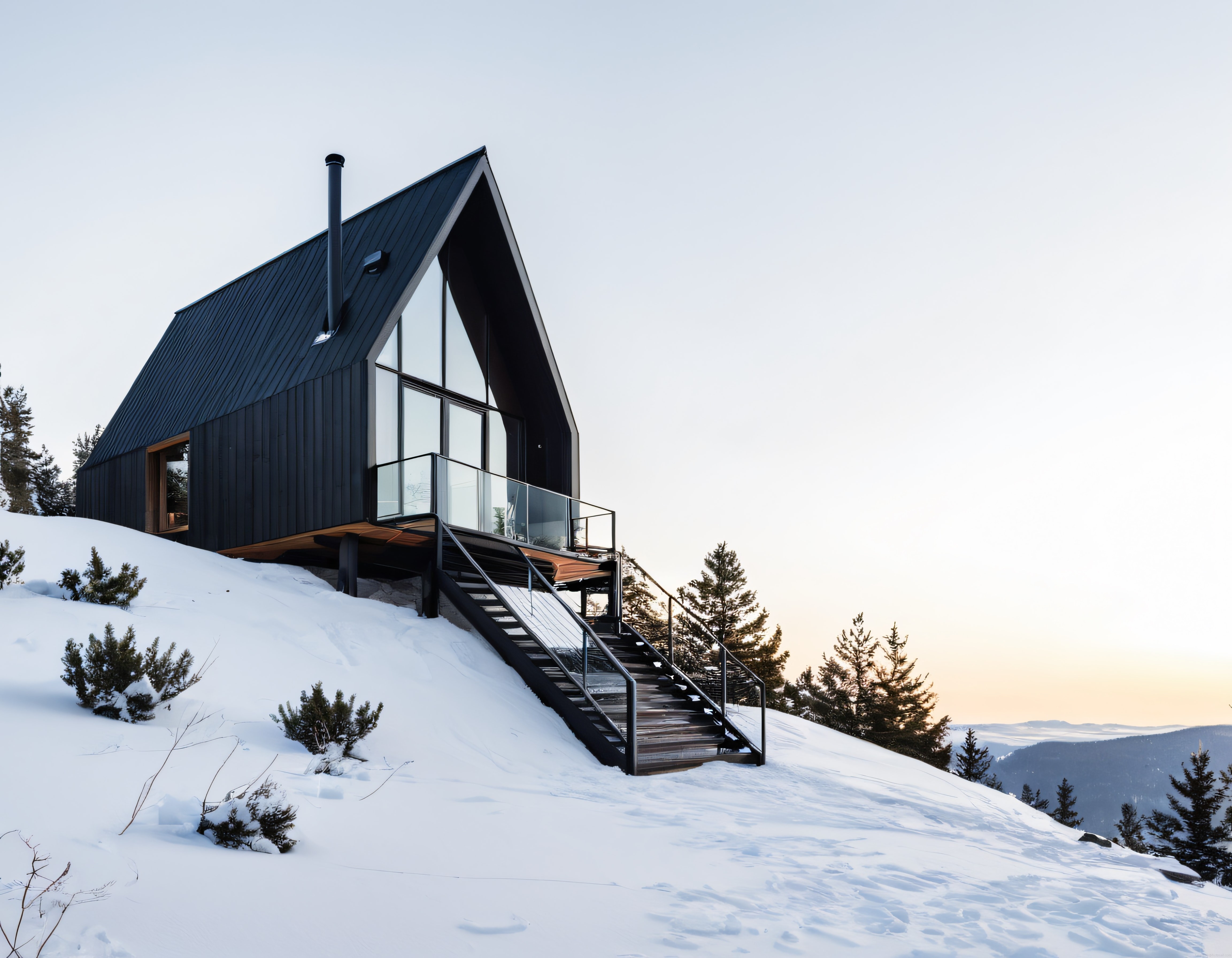 Karlı Dağların Eteklerinde Modern A-Frame Ev ve Büyüleyici Kış Manzarası