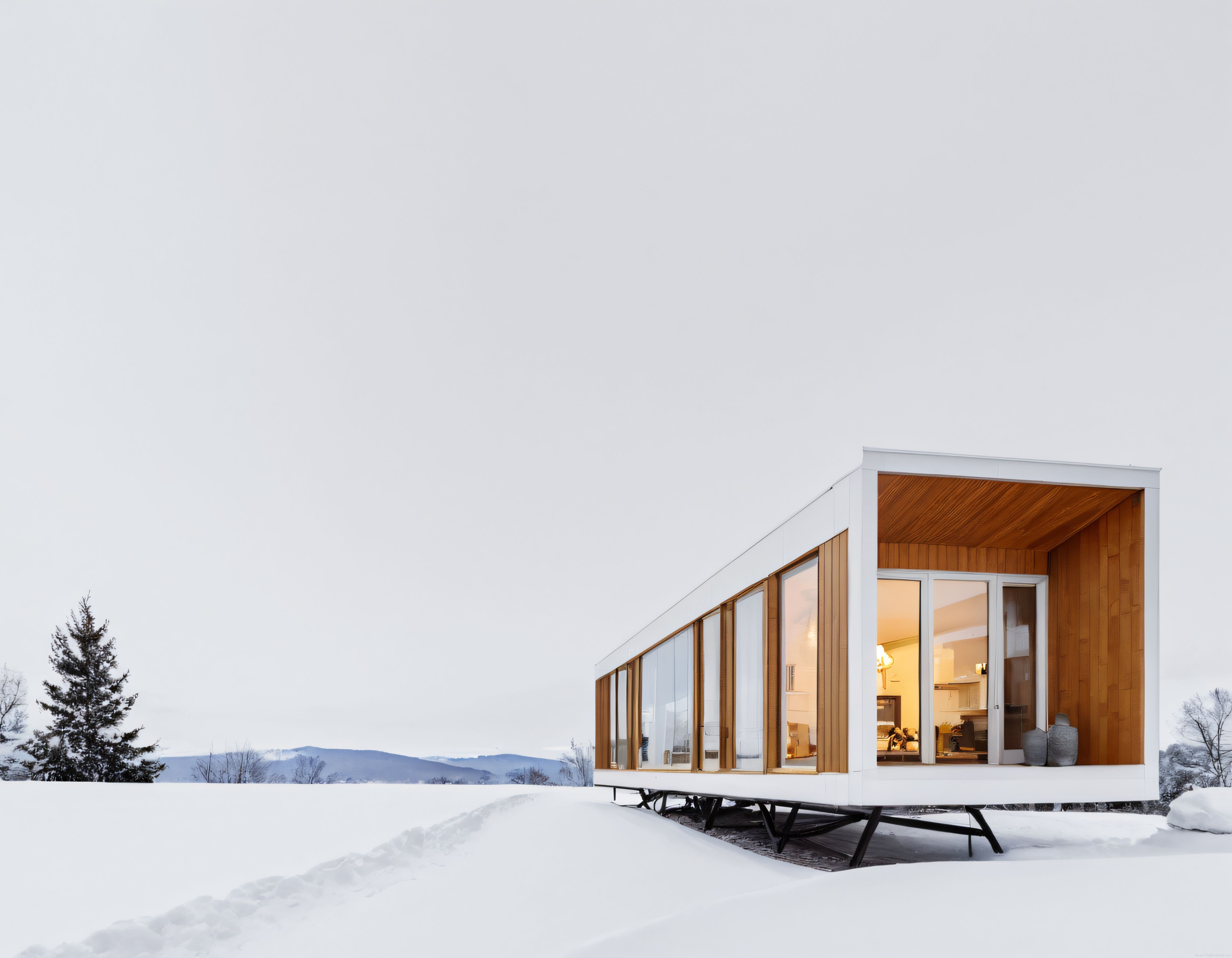 Karlı Dağların Eteklerinde Modern Bir Mimarinin Minimalist Dinginliği