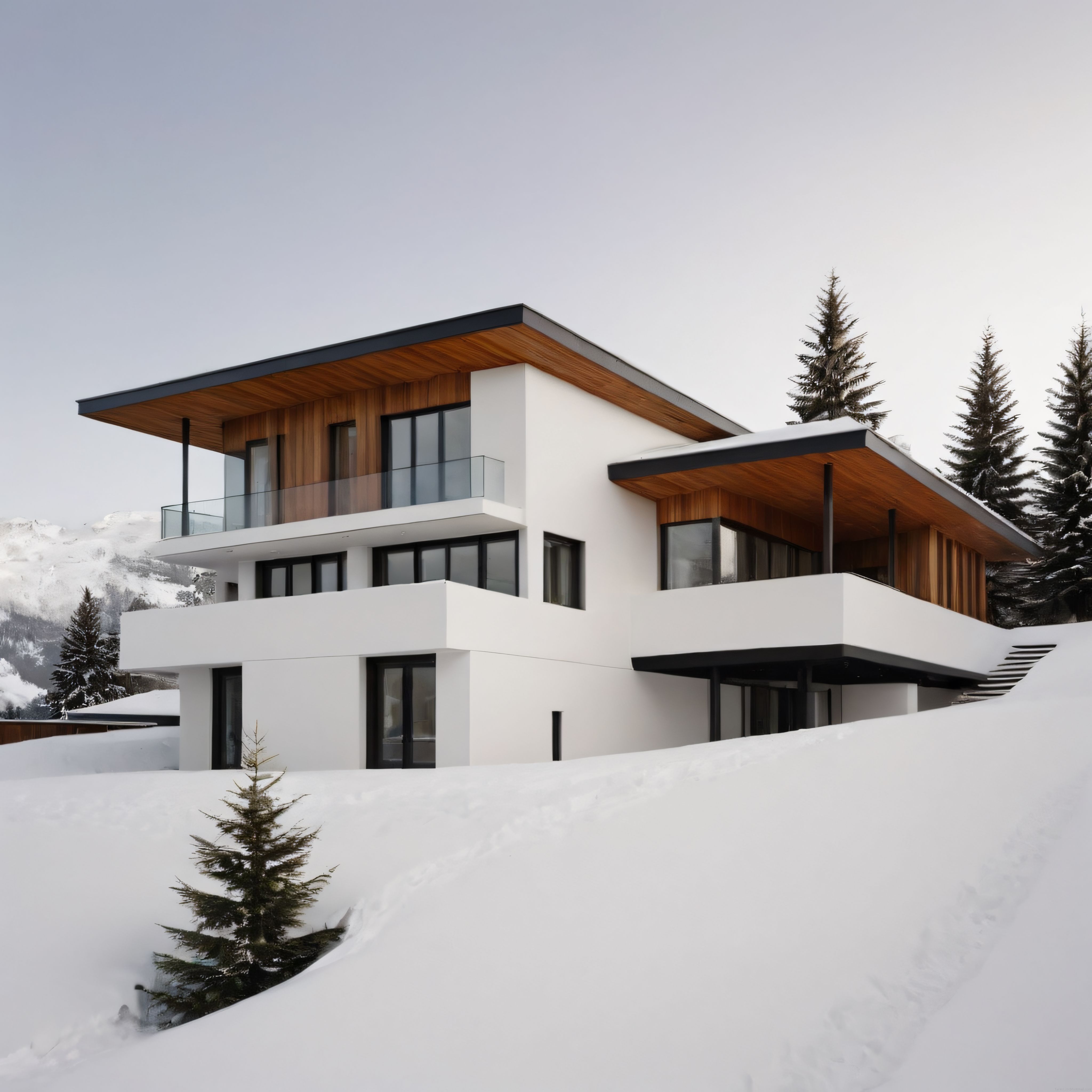 Karlı Dağların Eteklerinde Modern Mimari: Cam ve Ahşap Detaylı Lüks Villa