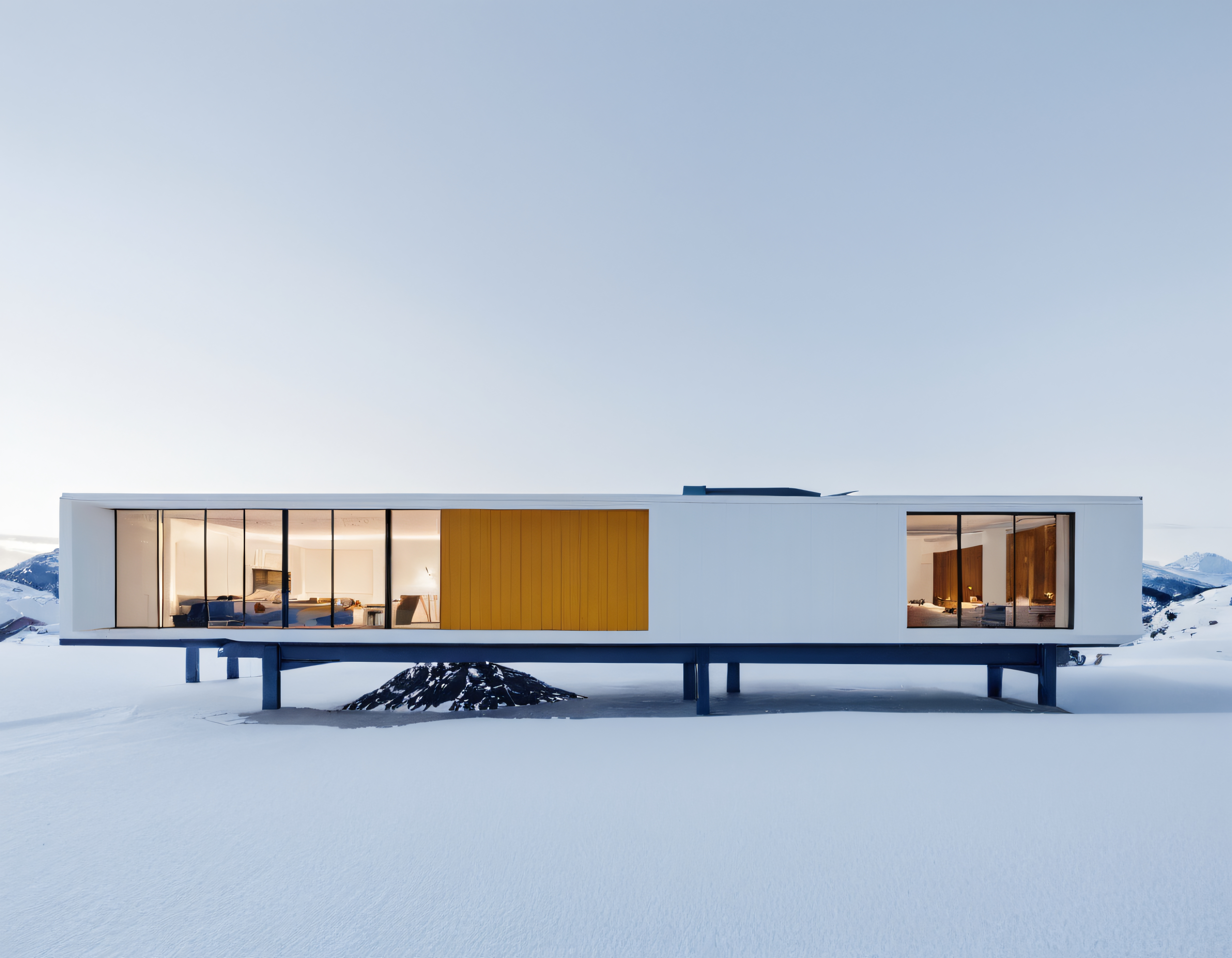 Karlı Dağların Eteklerinde Modern Minimalist Bir Mimarinin Işıldadığı Ev