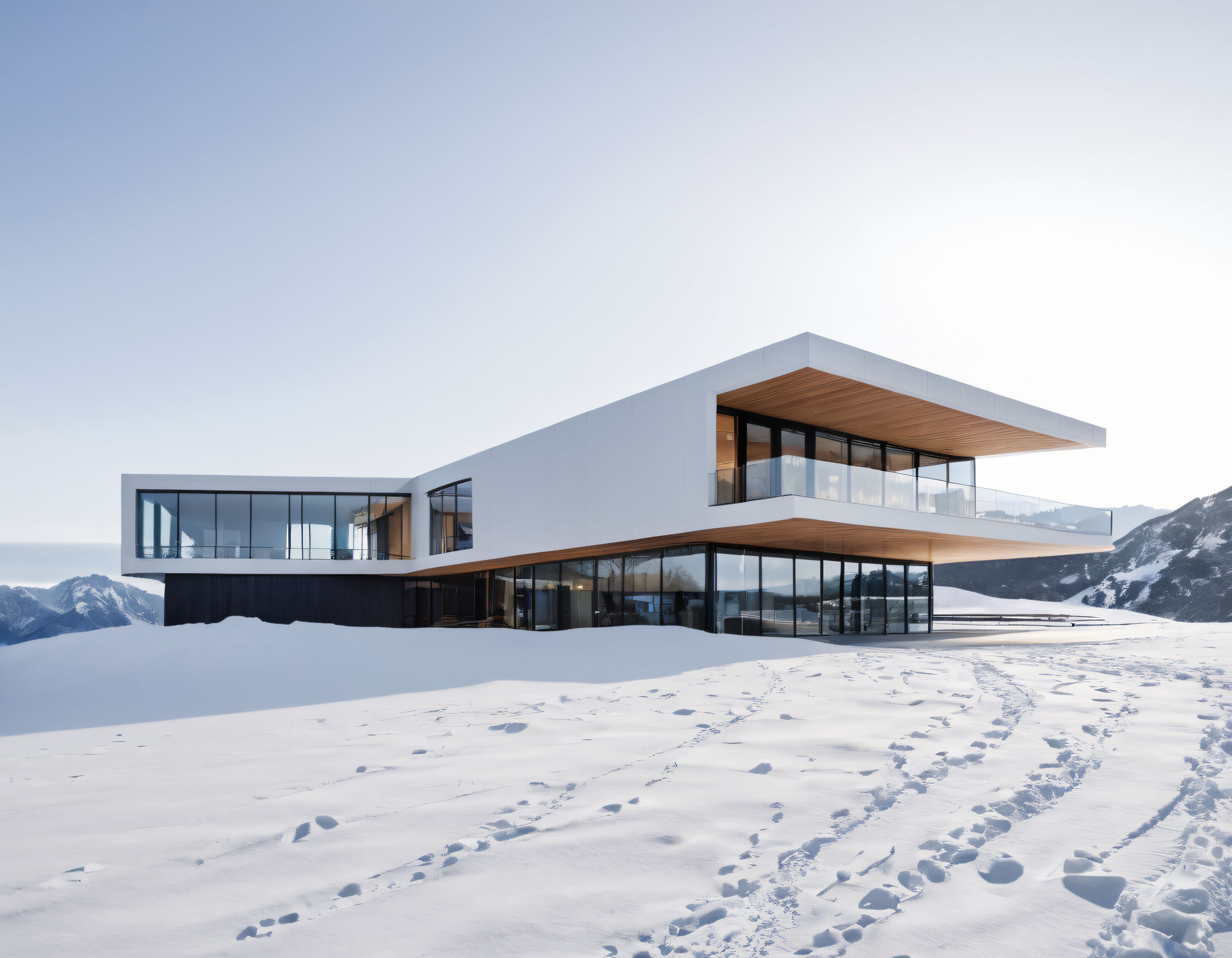 Karlı Dağların Eteklerinde Modern Minimalist Mimari Villa Tasarımı