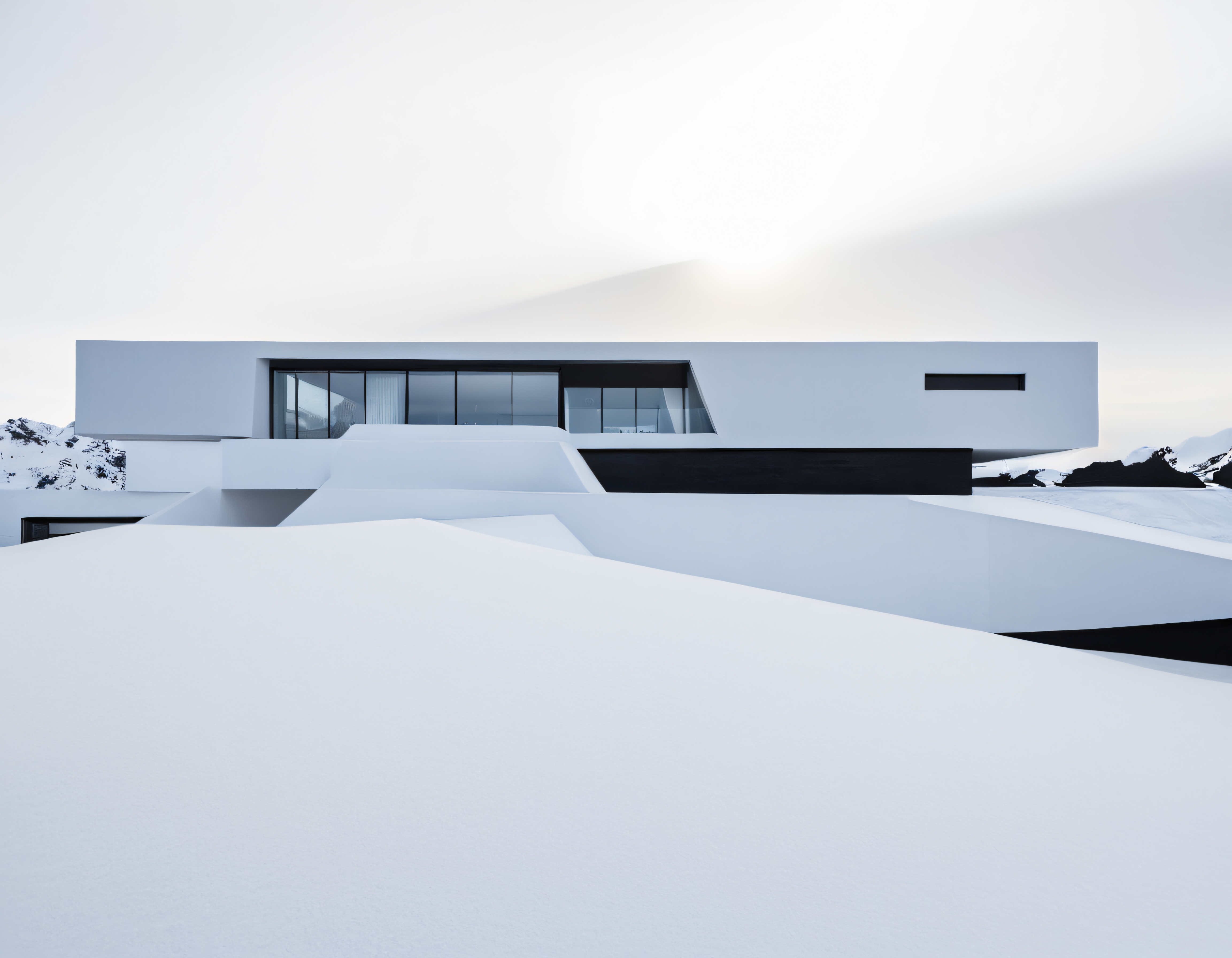 Karlı Dağların Eteklerinde Modern ve Minimalist Beyaz Villa Tasarımı