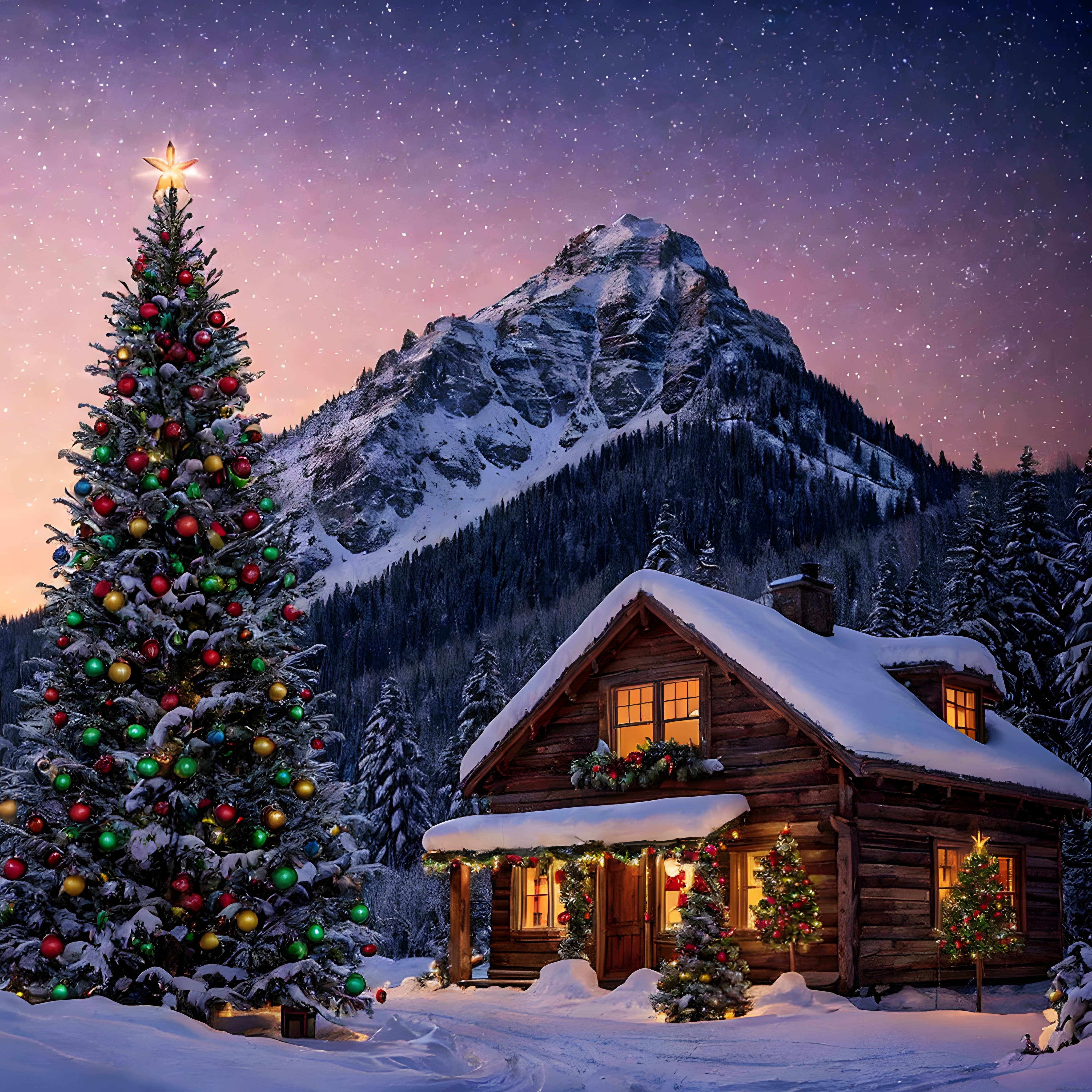 Karlı Dağların Eteklerinde Sıcacık Noel Kulübesi ve Işıltılı Çam Ağacı
