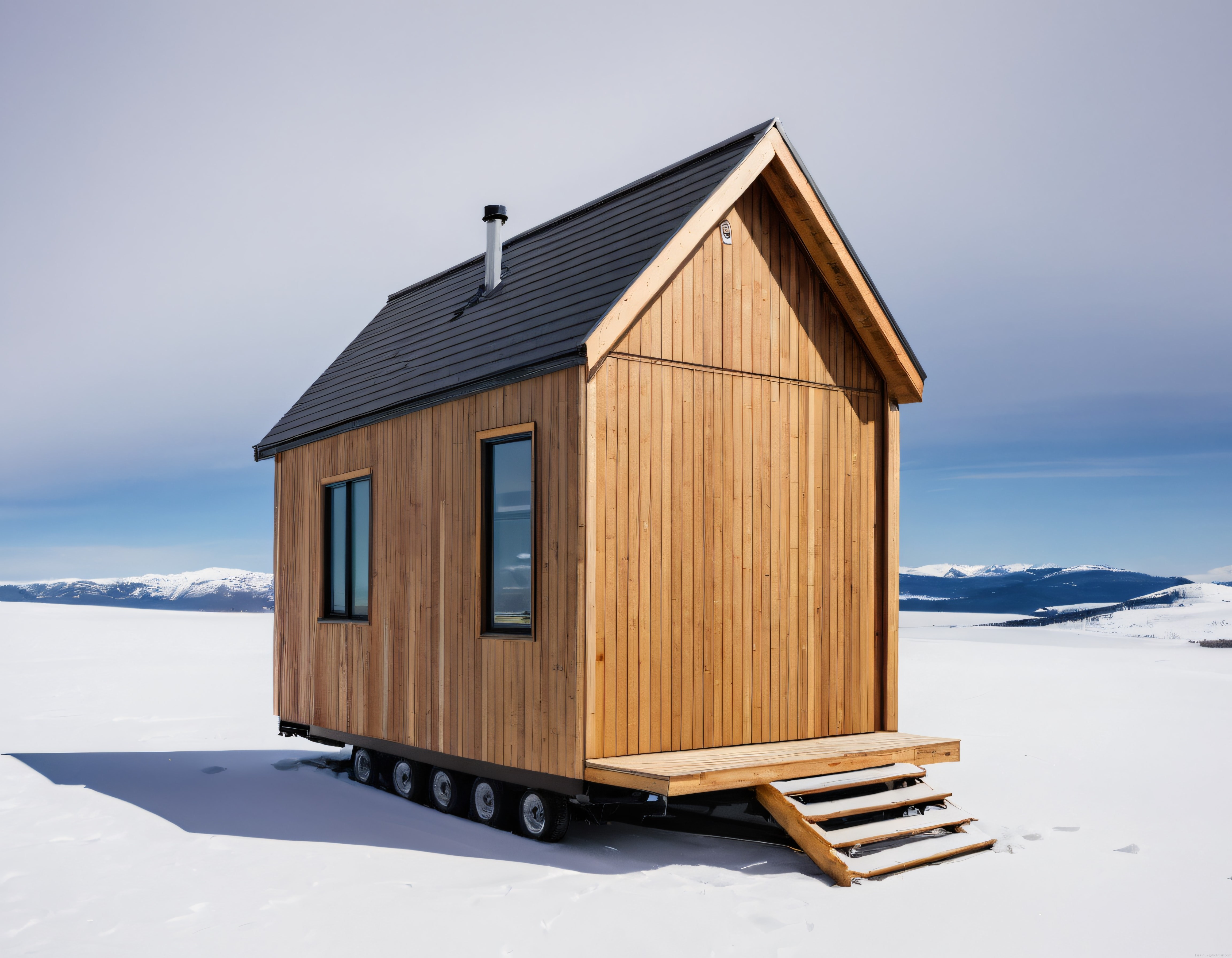 Karlı Dağların Eteklerinde Tekerlek Üzerinde Modern Ahşap Tiny House
