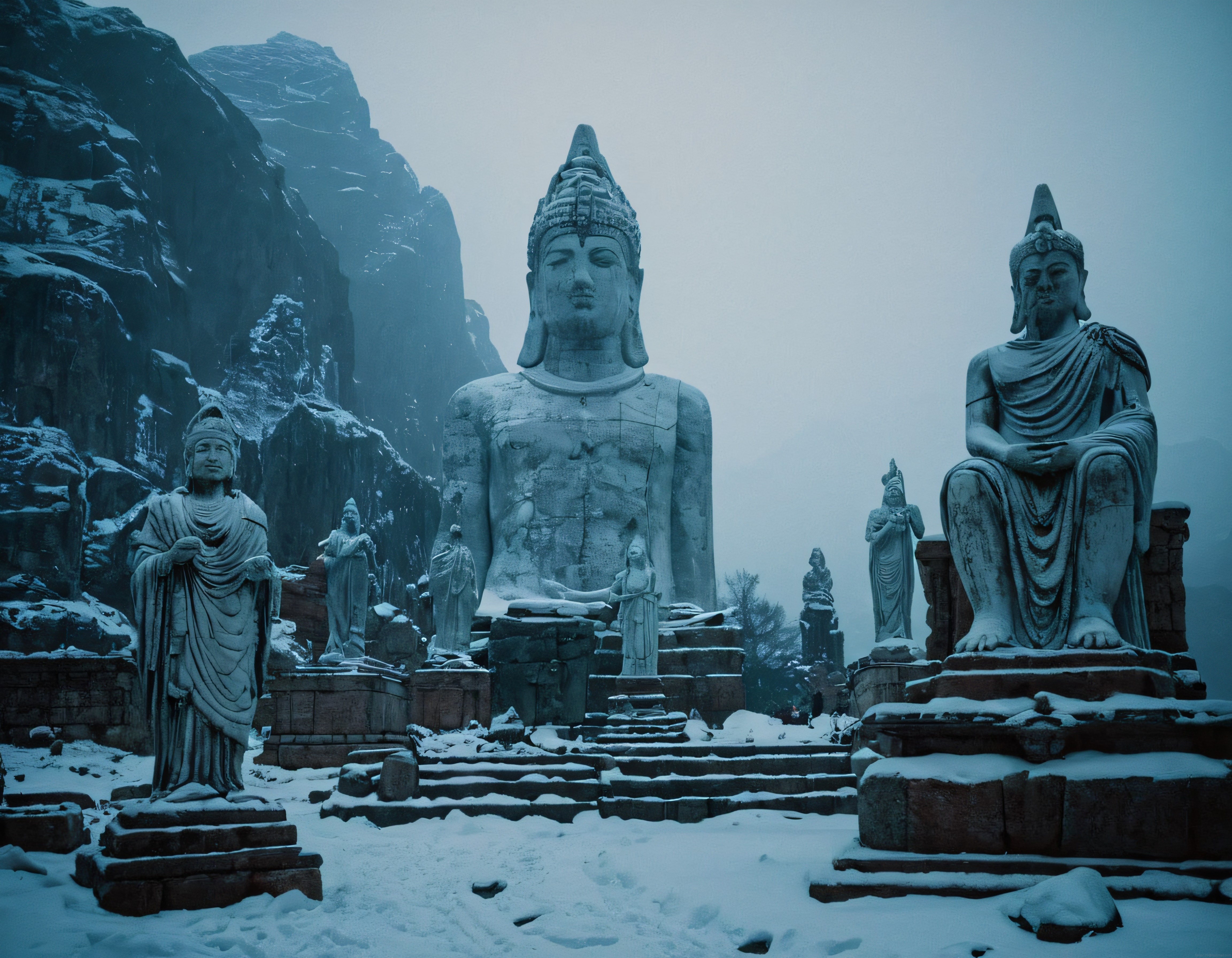 Karlı Dağların Eteklerinde Yükselen Dev Antik Buddha Heykelleri