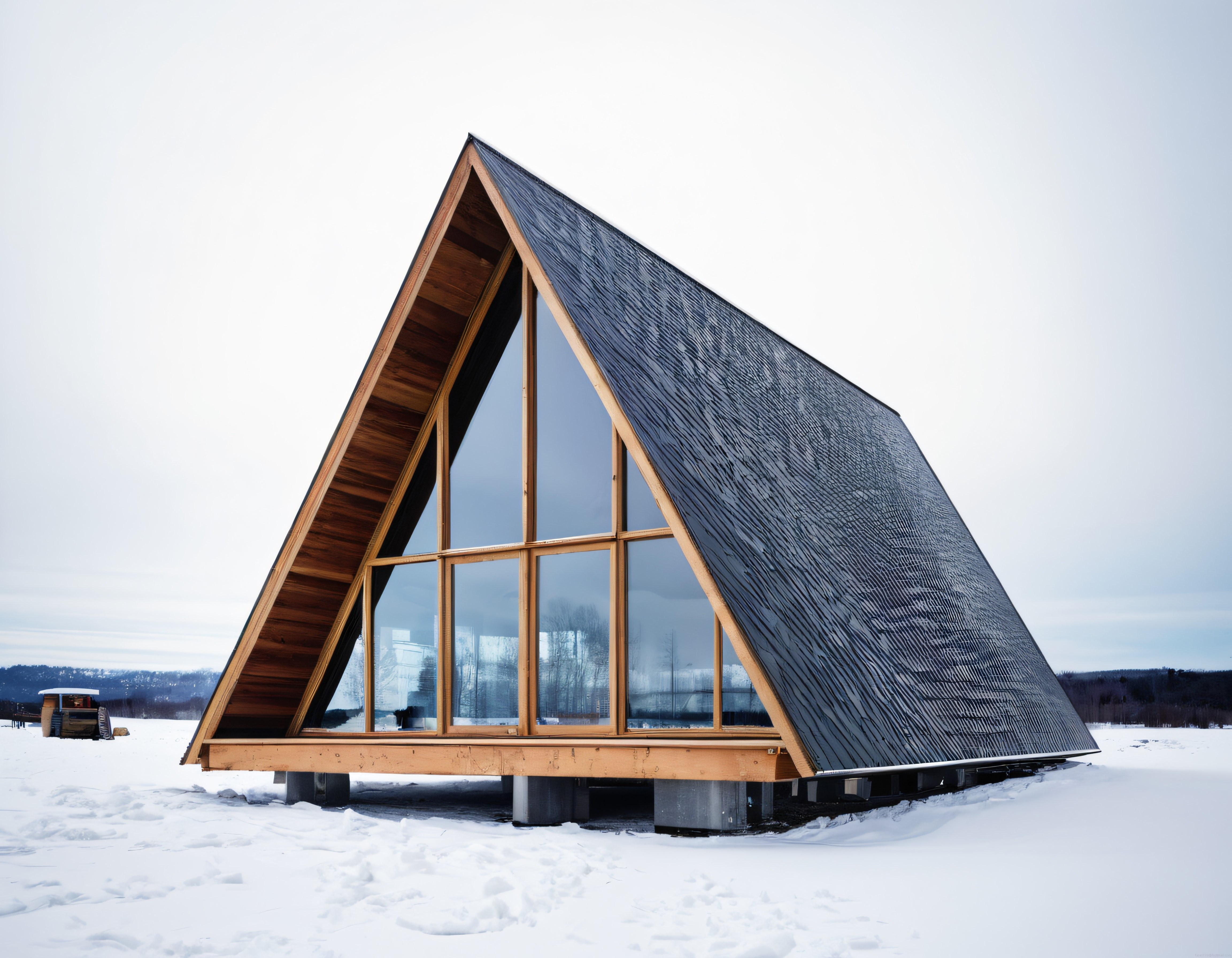 Karlı Dağların Etrafında Yükselen Modern Üçgen Çatılı A-Frame Ev
