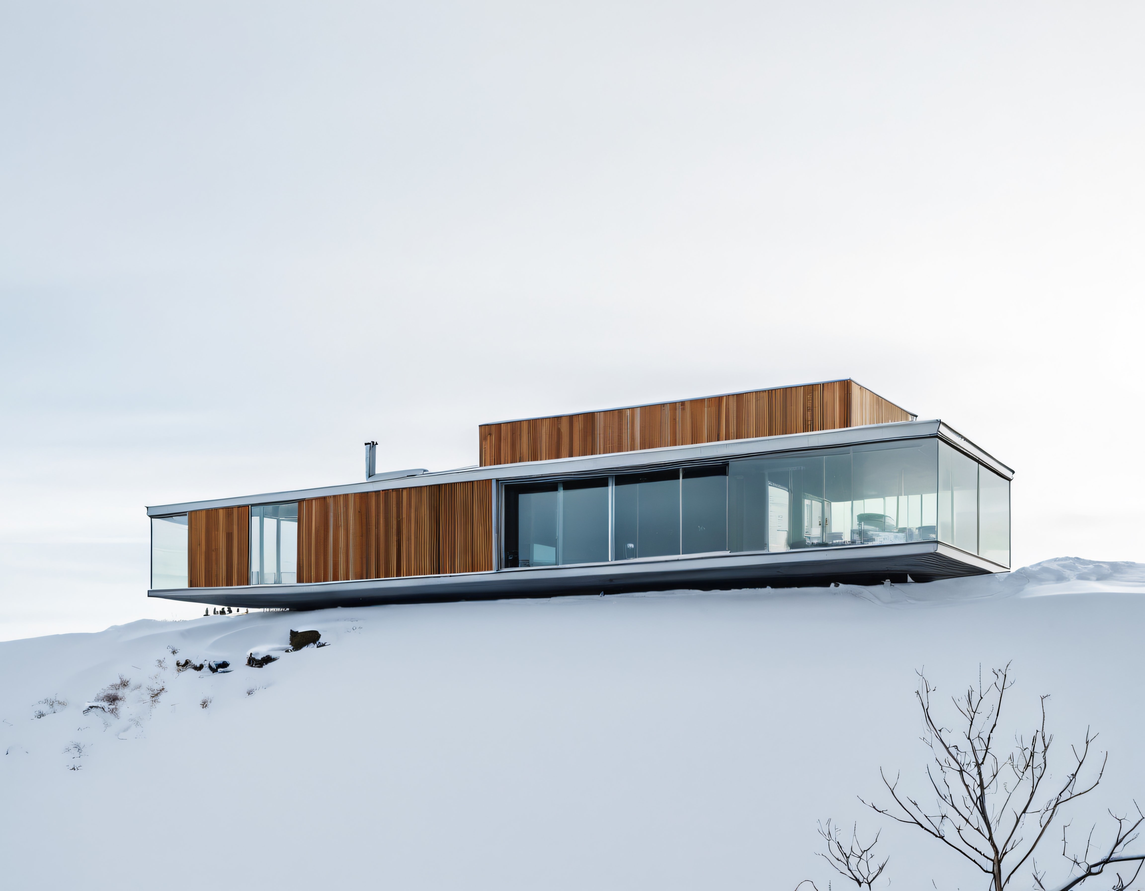 Karlı Dağların Zirvesinde Asılı Duran Minimalist Cam ve Ahşap Villa