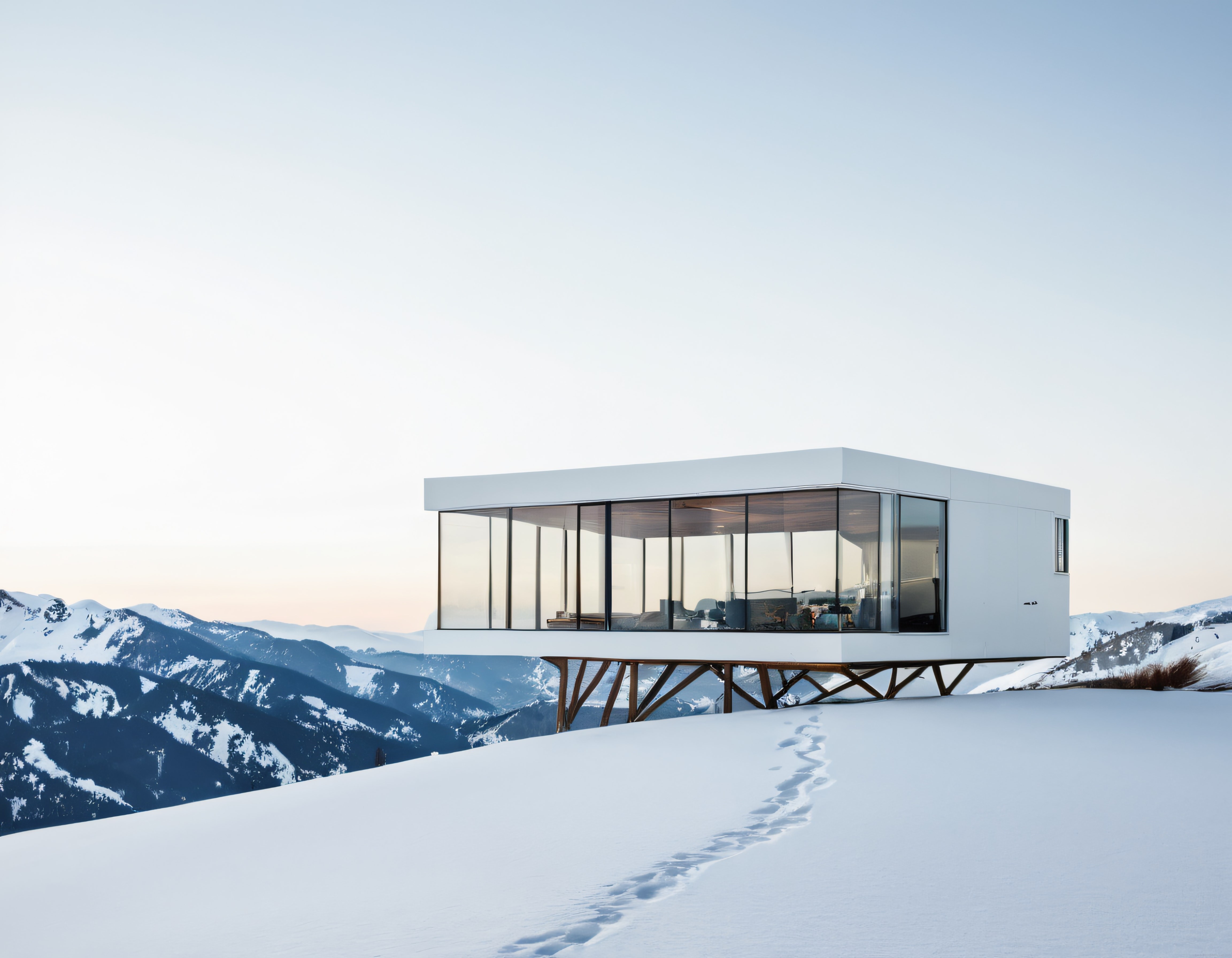 Karlı Dağların Zirvesinde Cam Cepheli Modern Minimalist Bir Ev