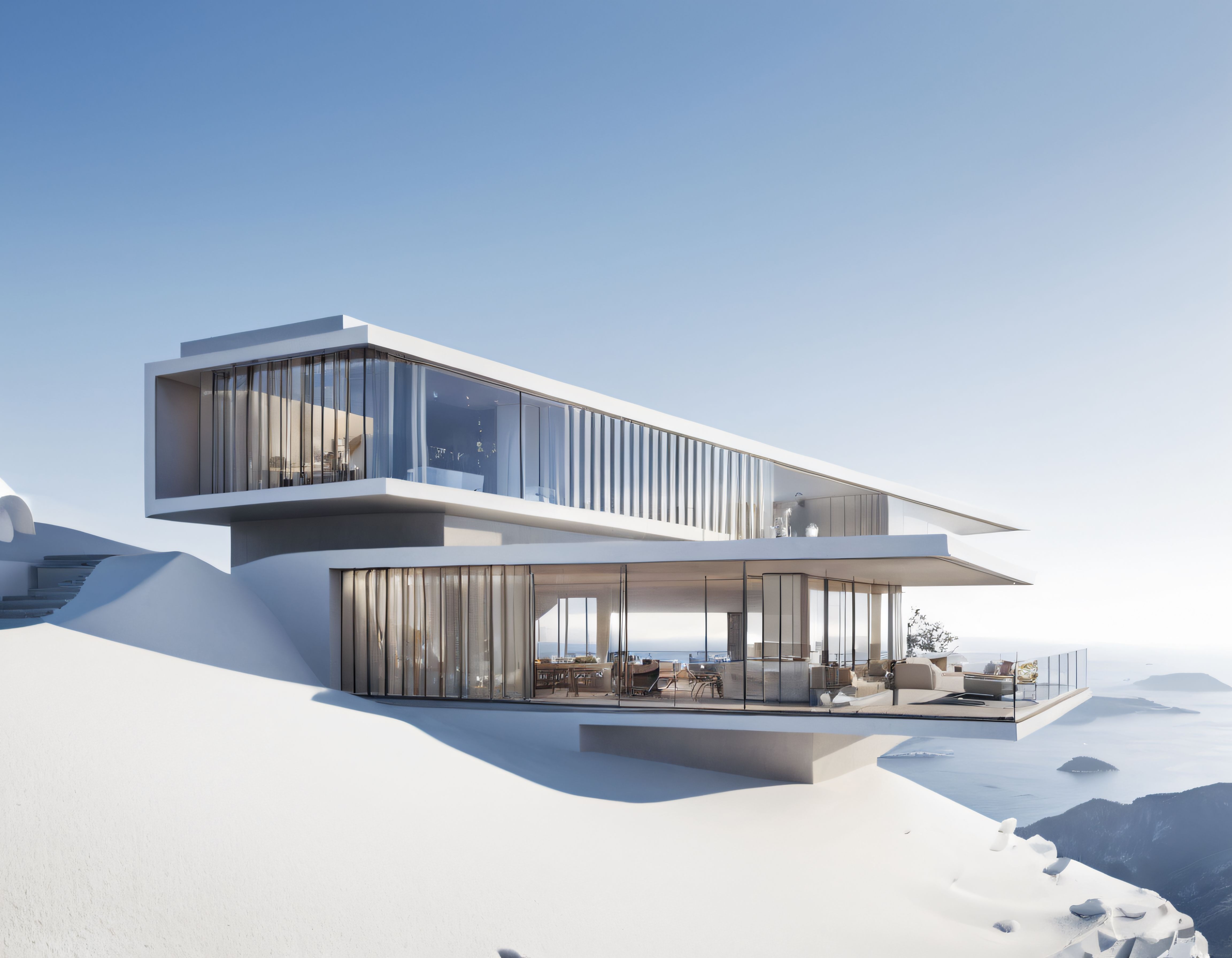 Karlı Dağların Zirvesinde Cam Cepheli Modern Minimalist Villa Tasarımı