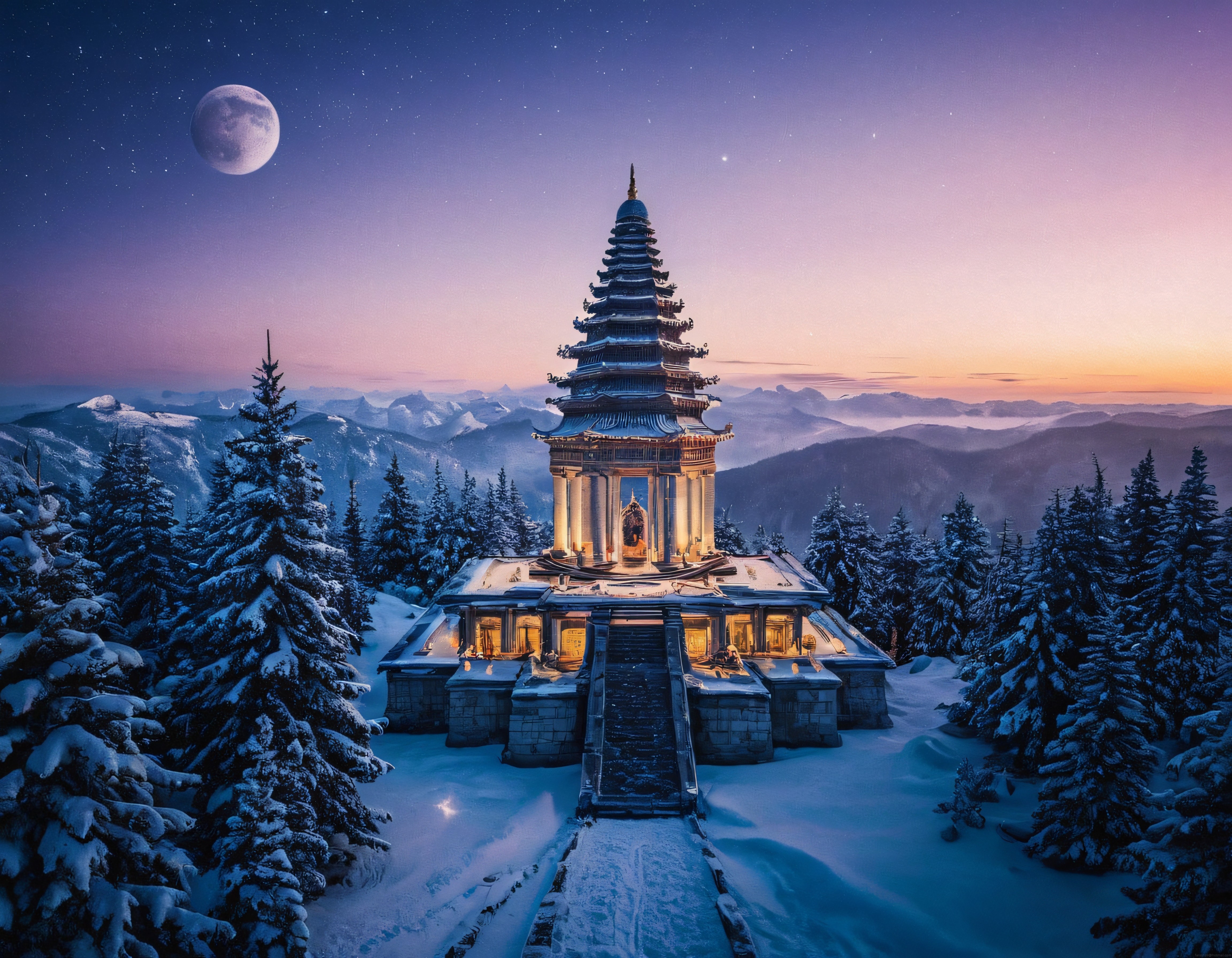 Karlı Dağların Zirvesinde Gizemli Pagoda Tapınağı ve Büyülü Gece Manzarası