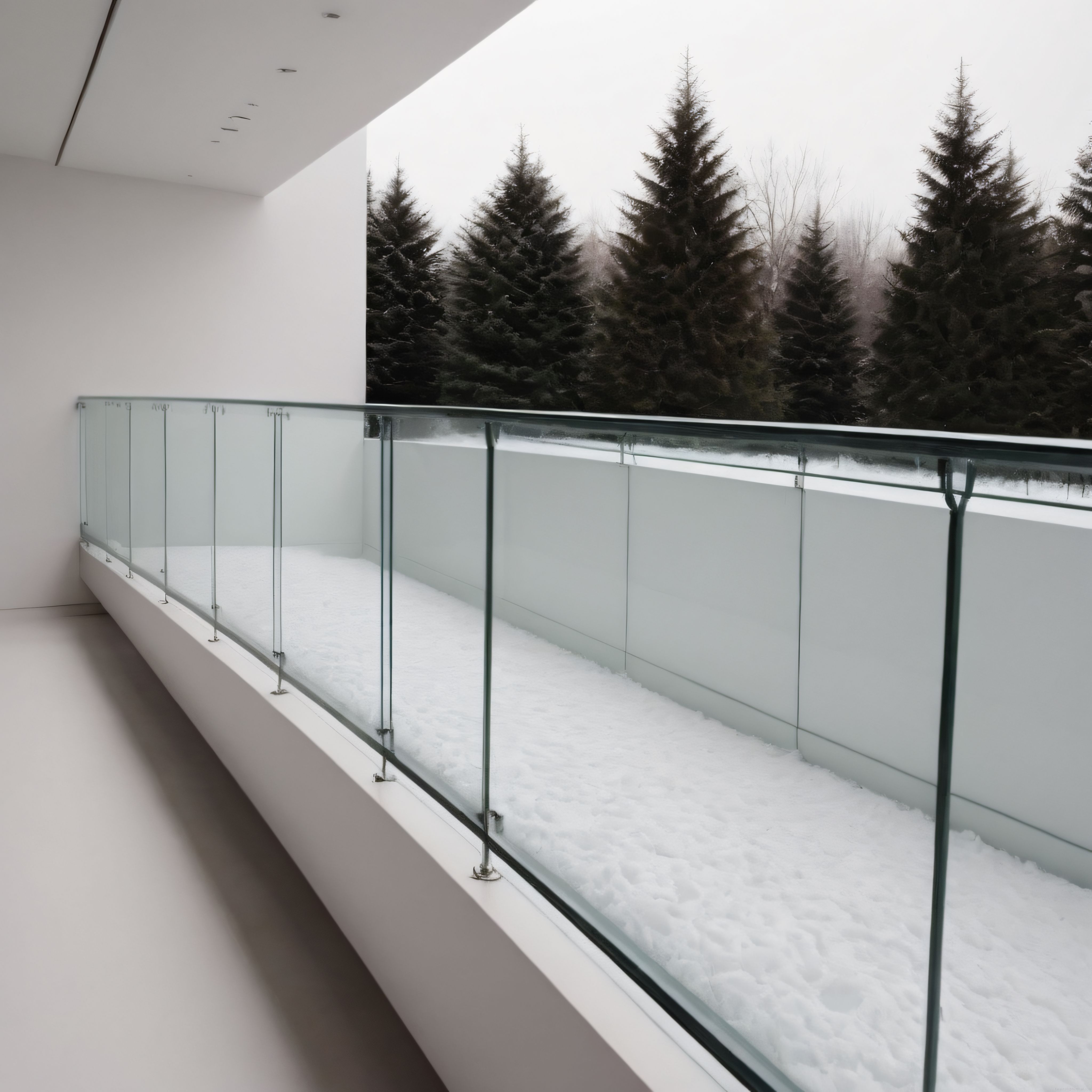Karlı Doğa Manzaralı Minimalist Beyaz Evin Cam Korkuluklu Teras Görünümü