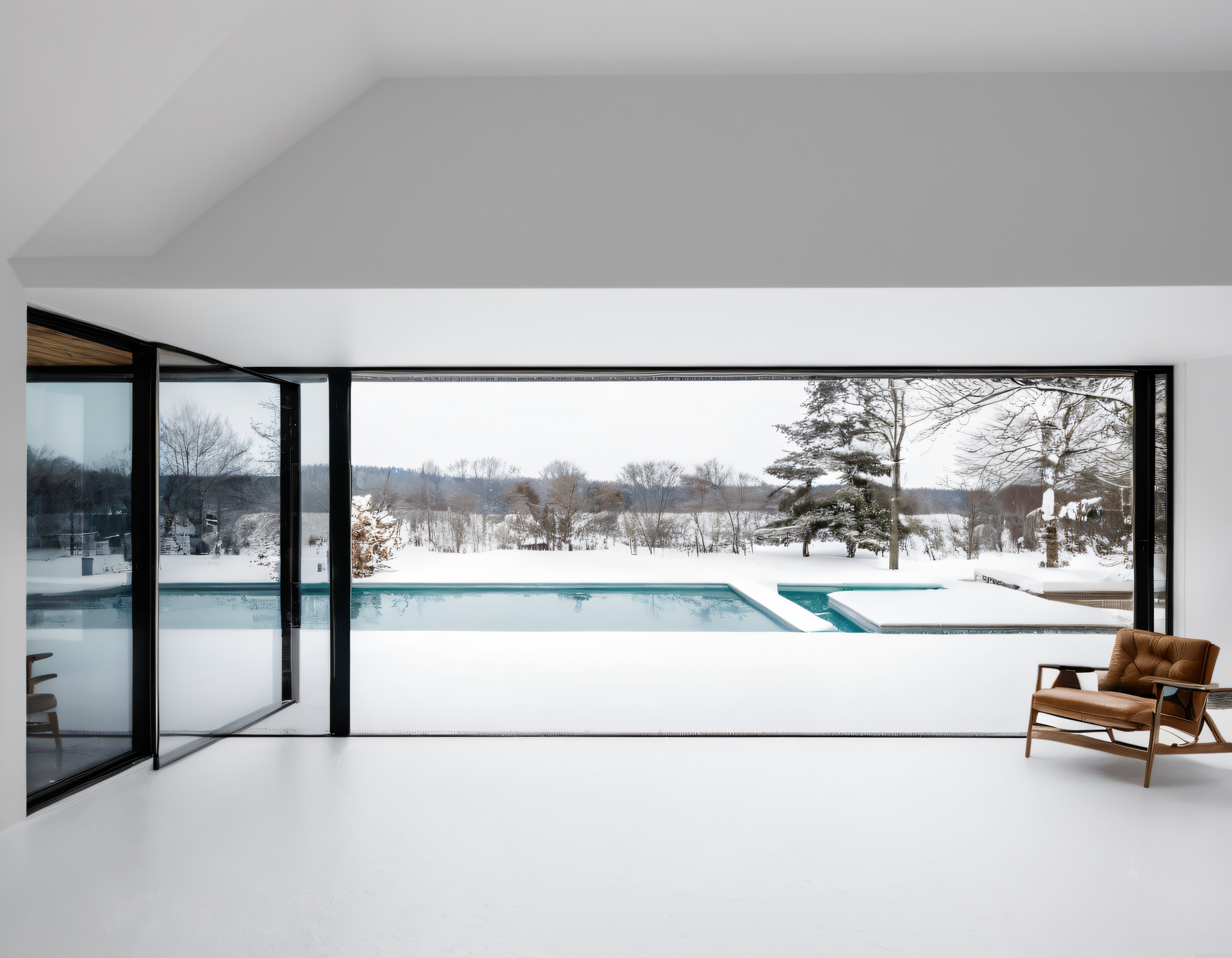 Karlı Doğa Manzaralı Modern Villa İç Mekanı, Minimalist Havuzlu Tasarım