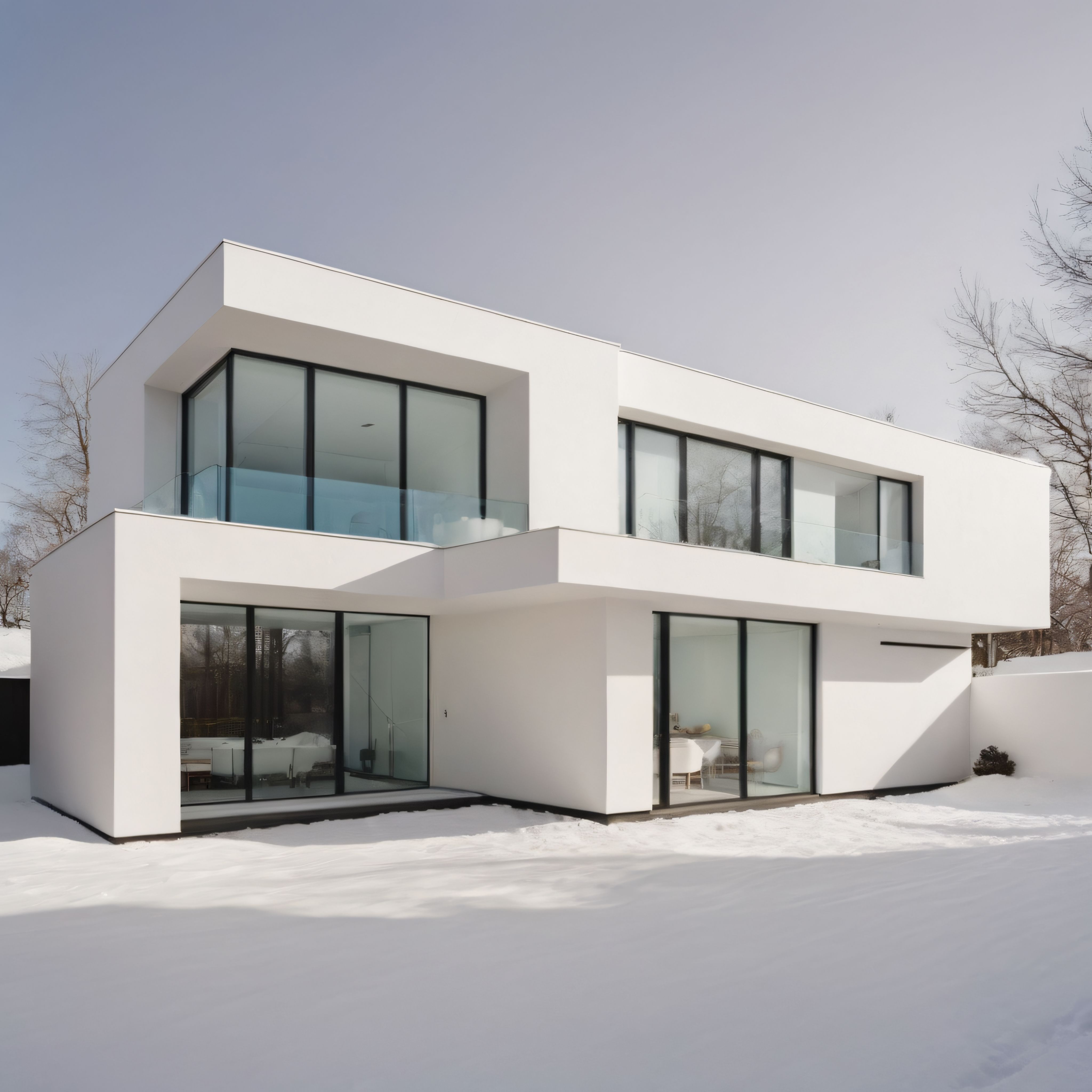 Karlı Doğada Beyaz Minimalist Modern Villa ve Cam Cephe Detayları