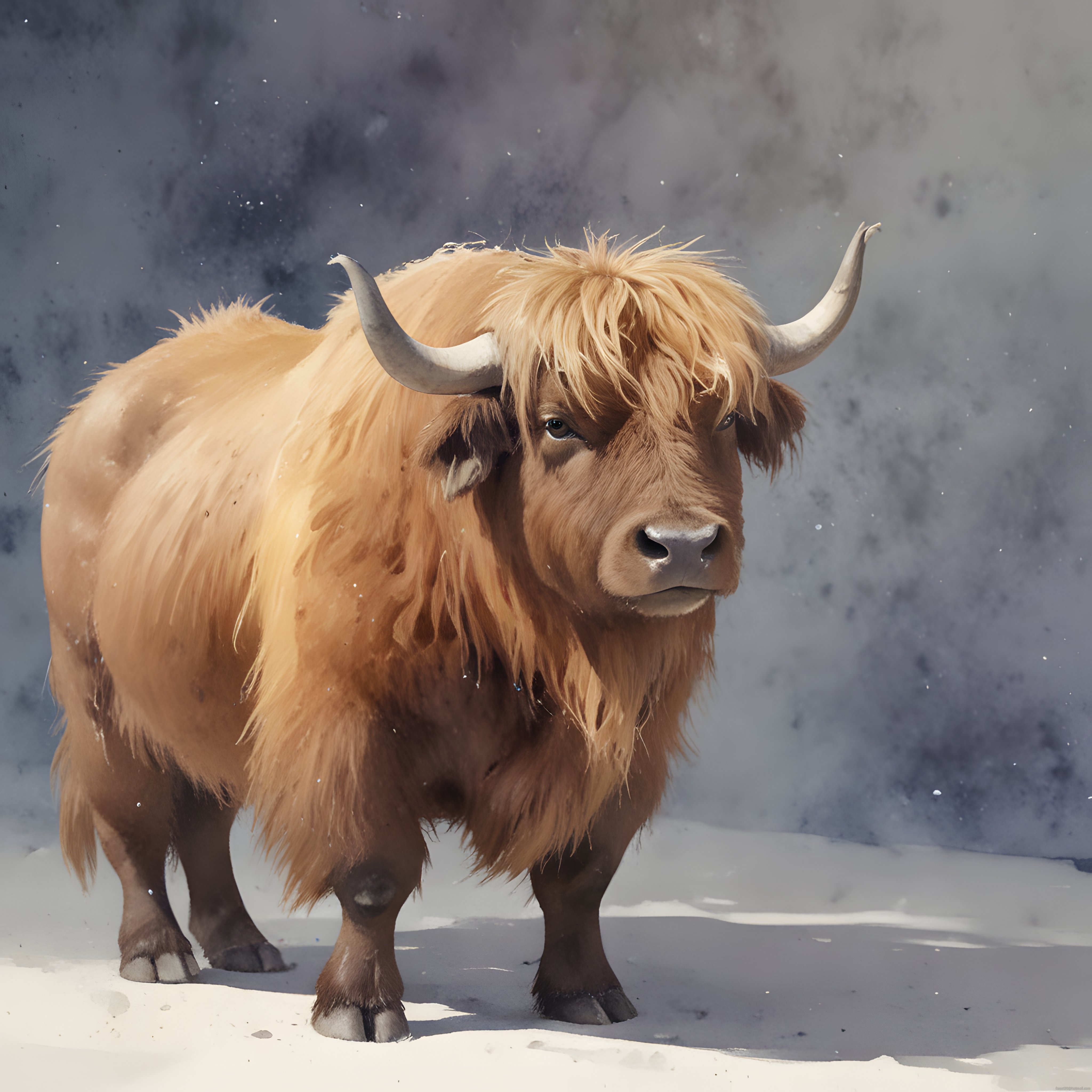Karlı Doğada Boynuzlarıyla Görkemli Duran Uzun Tüylü İskoç Highland Sığırı