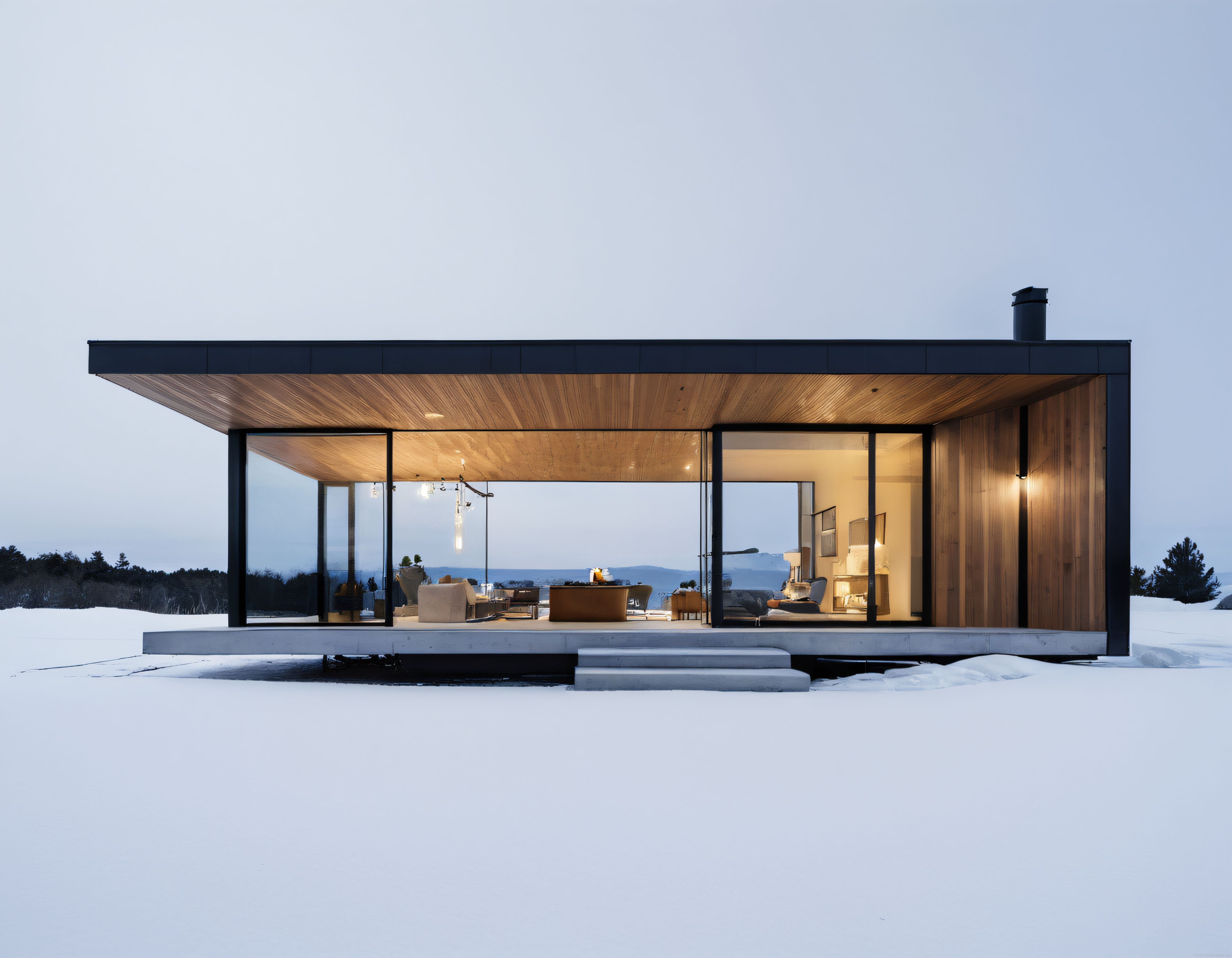 Karlı Doğada Cam Cepheli Minimalist Modern Ev ve Sıcak İç Mekan