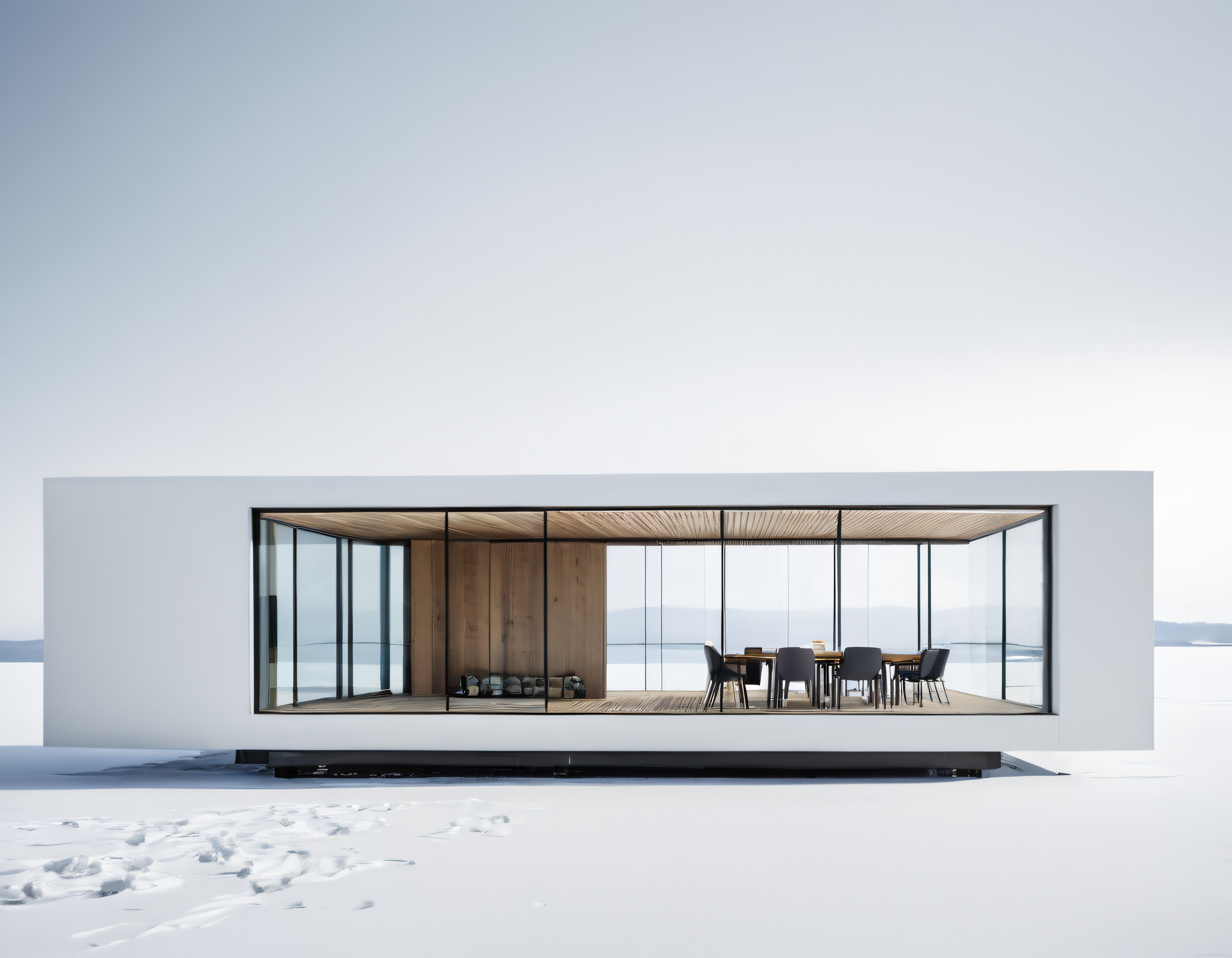 Karlı Doğada Cam Cepheli Minimalist Modern Prefabrik Ev Tasarımı