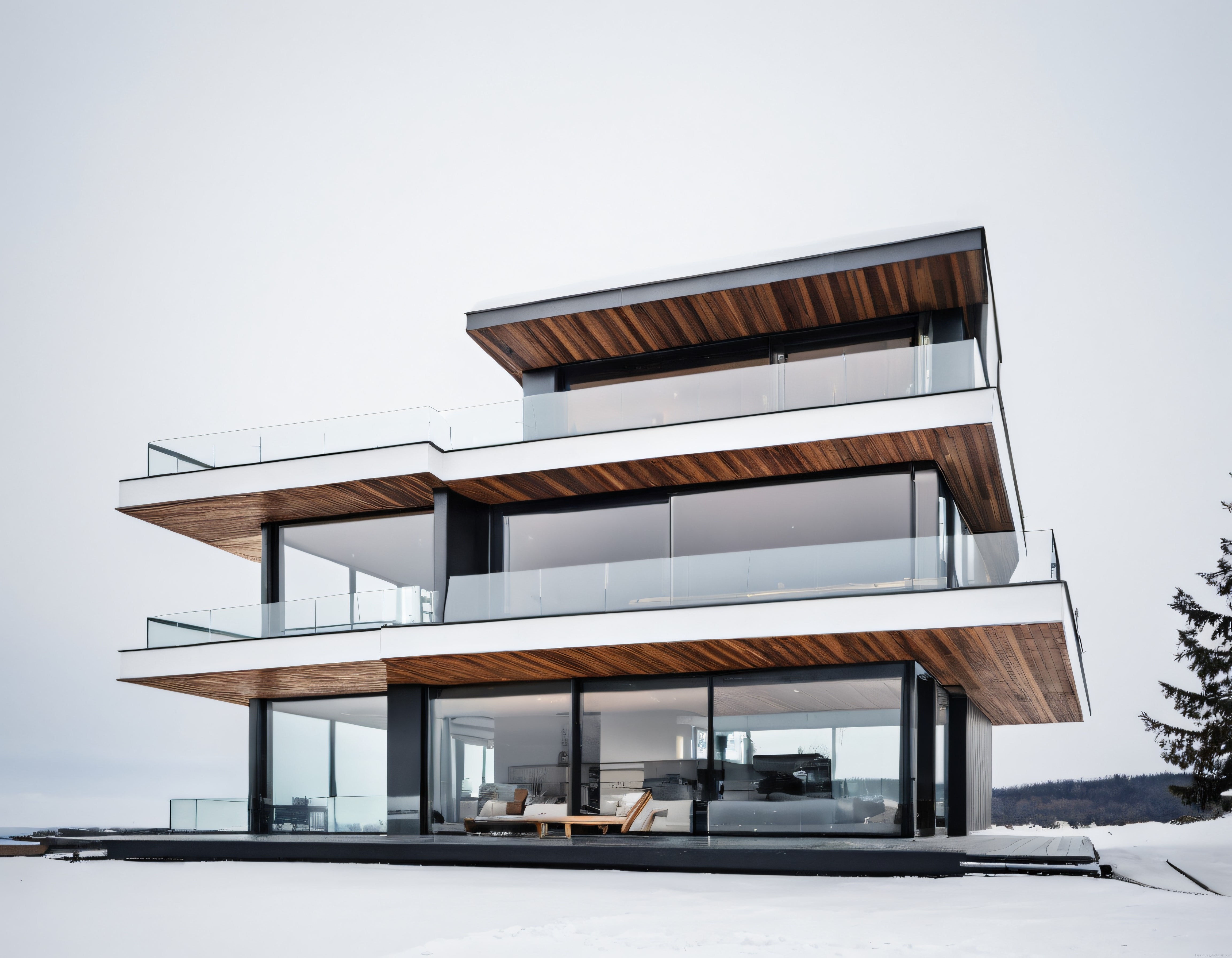 Karlı Doğada Cam Cepheli ve Ahşap Detaylı Modern Sürdürülebilir Villa