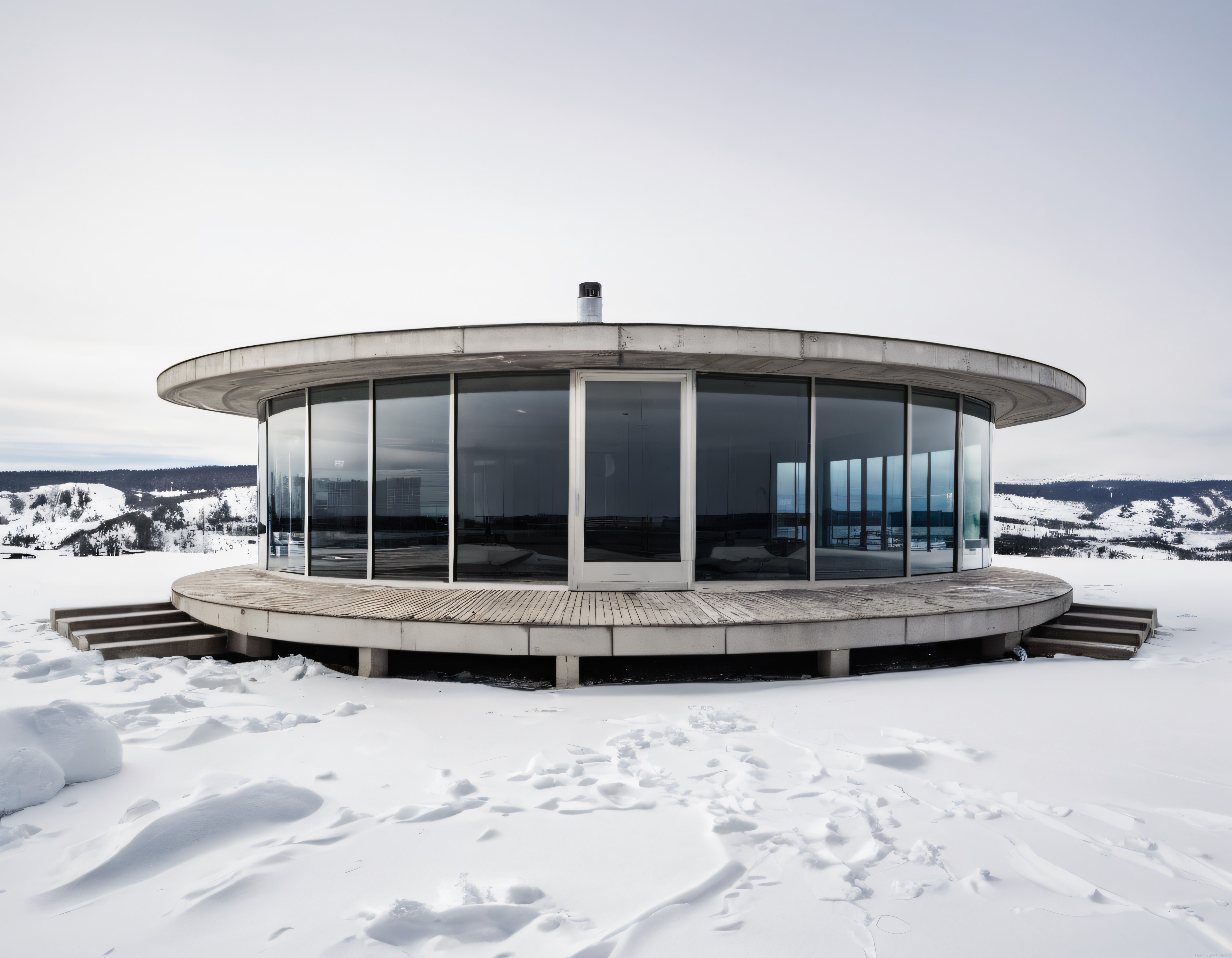 Karlı Doğada Dairesel Cam Cepheli Ahşap Teraslı Modern Minimalist Villa