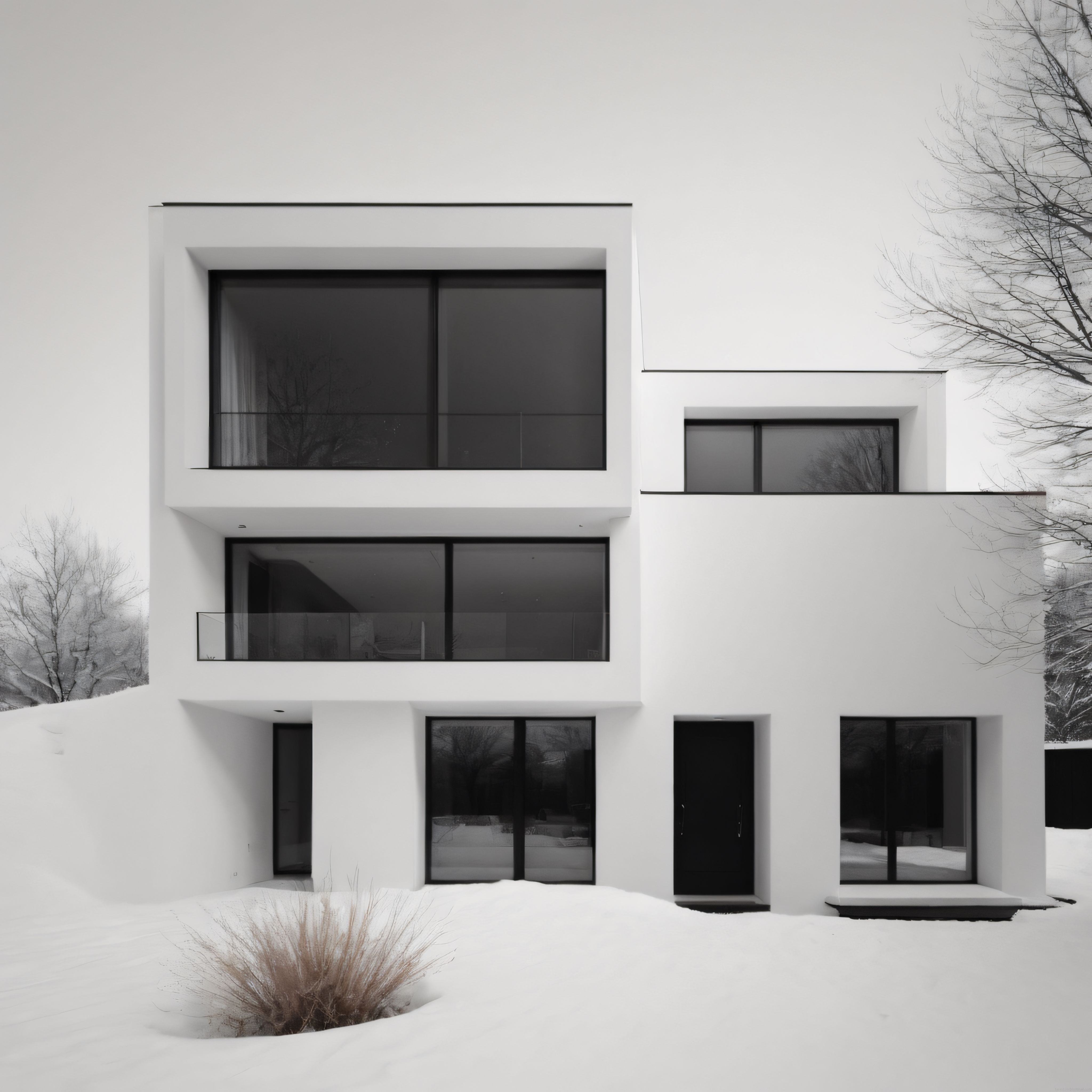 Karlı Doğada Geometrik Çizgilere Sahip Modern Minimalist Konut Mimarisi
