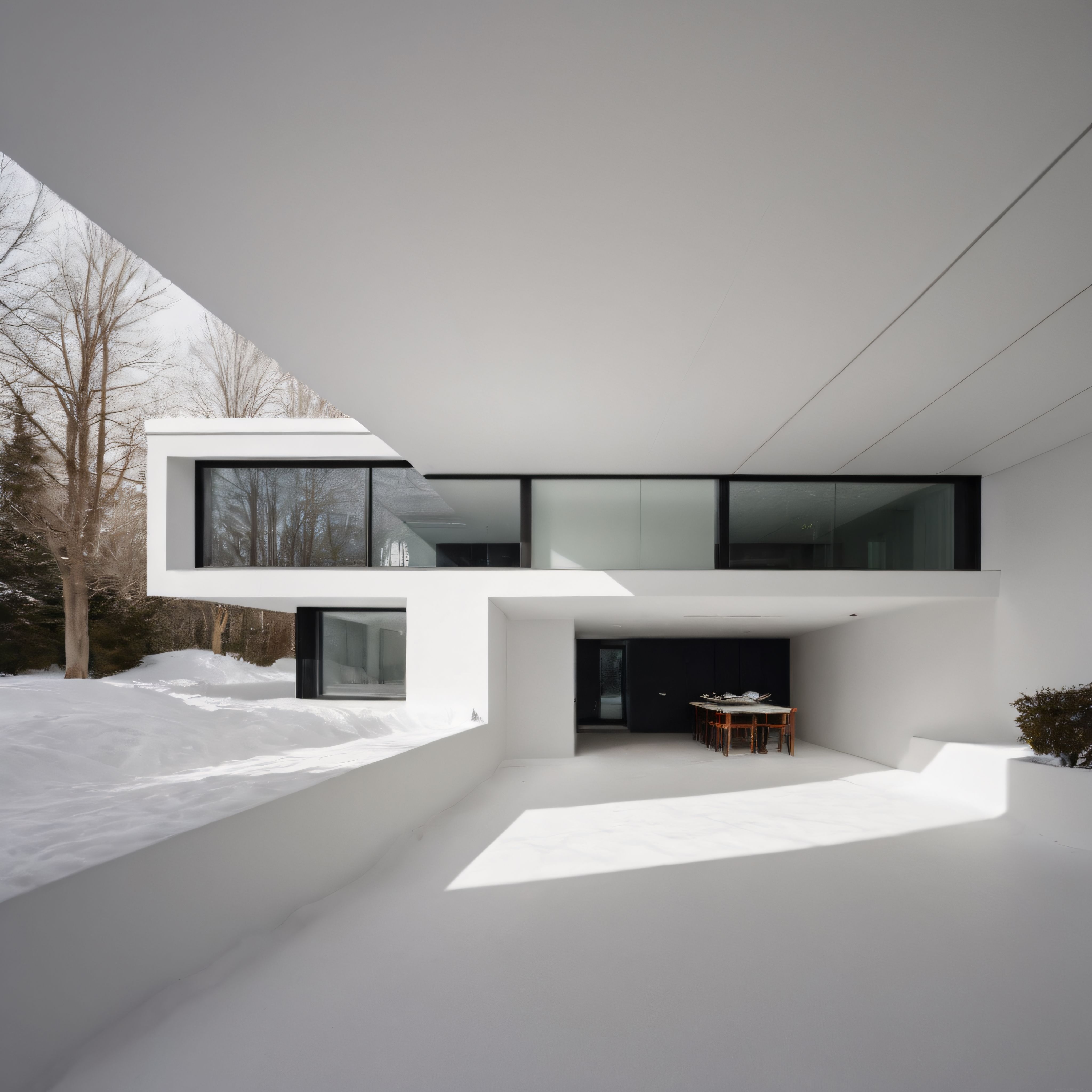 Karlı Doğada Geometrik Hatlarıyla Göz Kamaştıran Minimalist Beyaz Villa ve Avlu