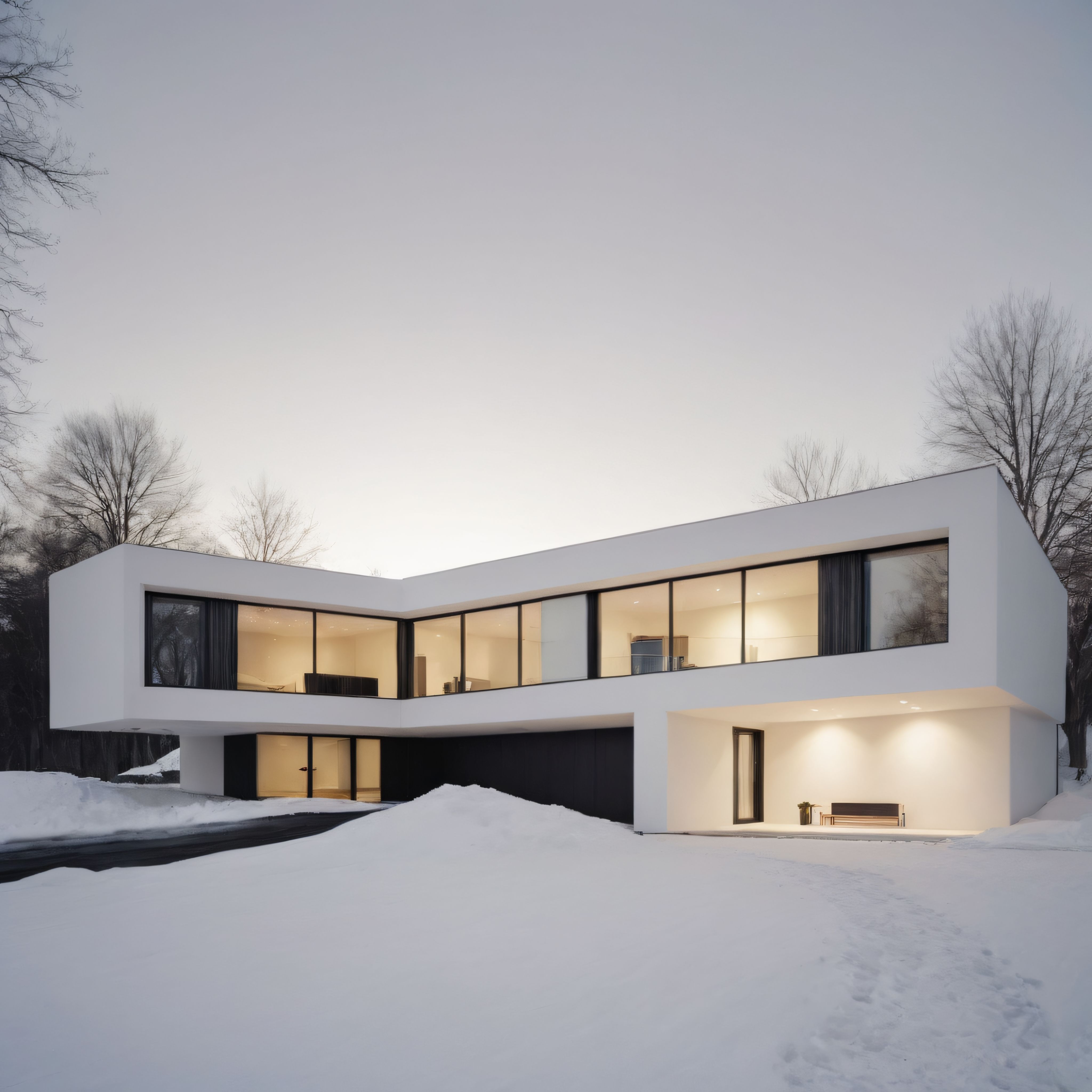 Karlı doğada göz alıcı geometrik hatlarıyla modern minimalist bir villa tasarımı