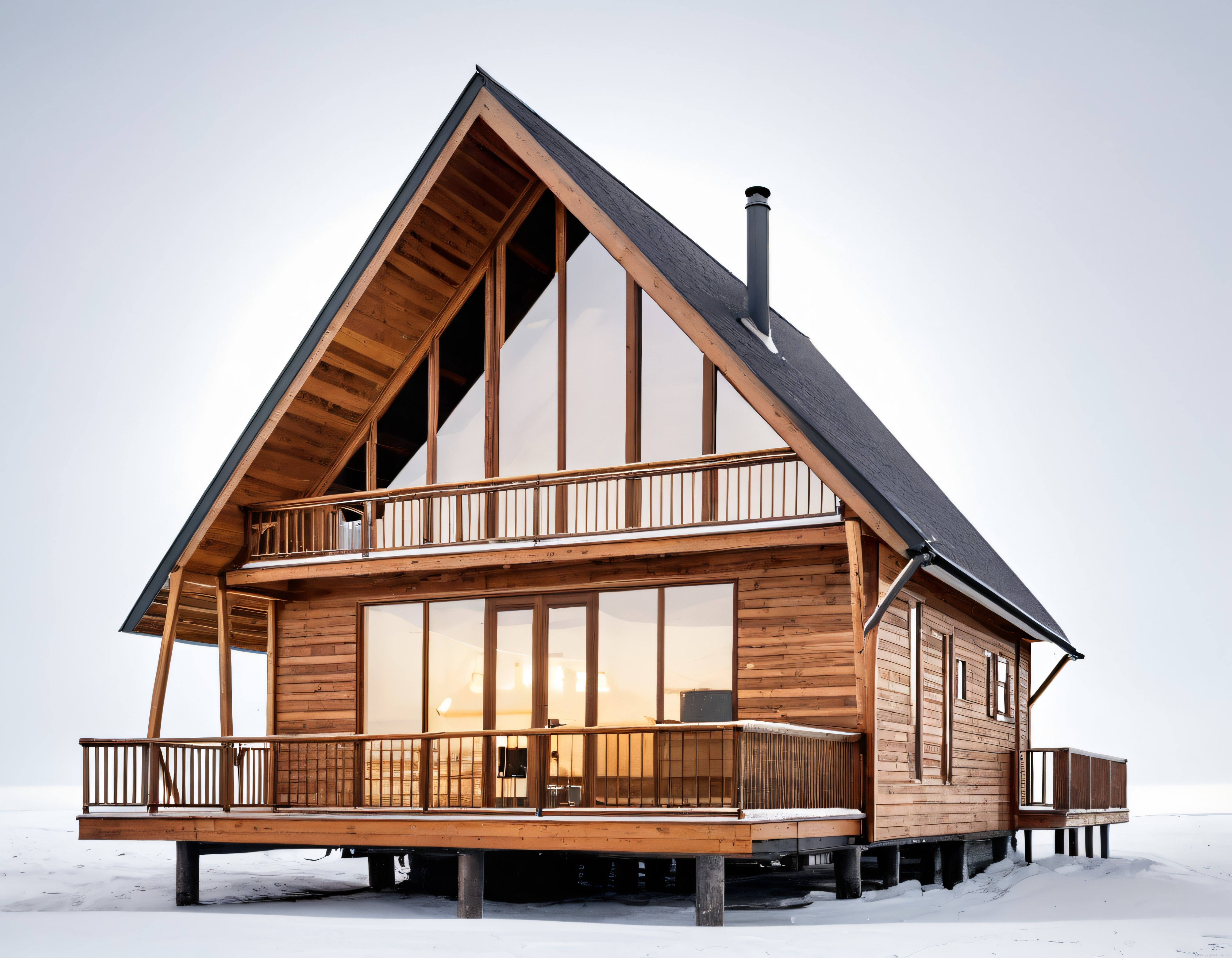 Karlı Doğada Isıtan Modern Ahşap A Frame Dağ Evi ve Geniş Cam Balkonu