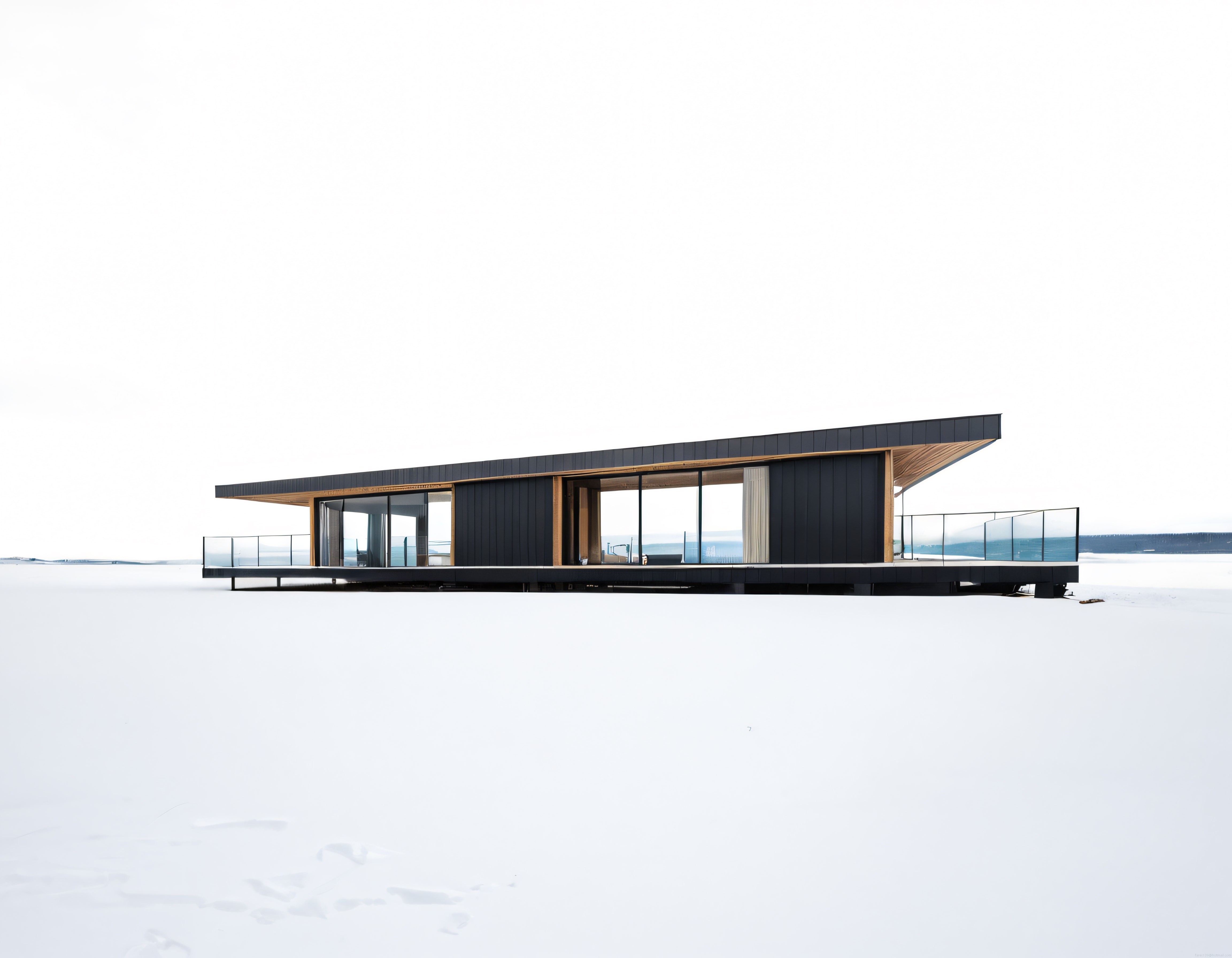 Karlı Doğada Minimalist Cam ve Ahşap Detaylı Modern Villa Tasarımı