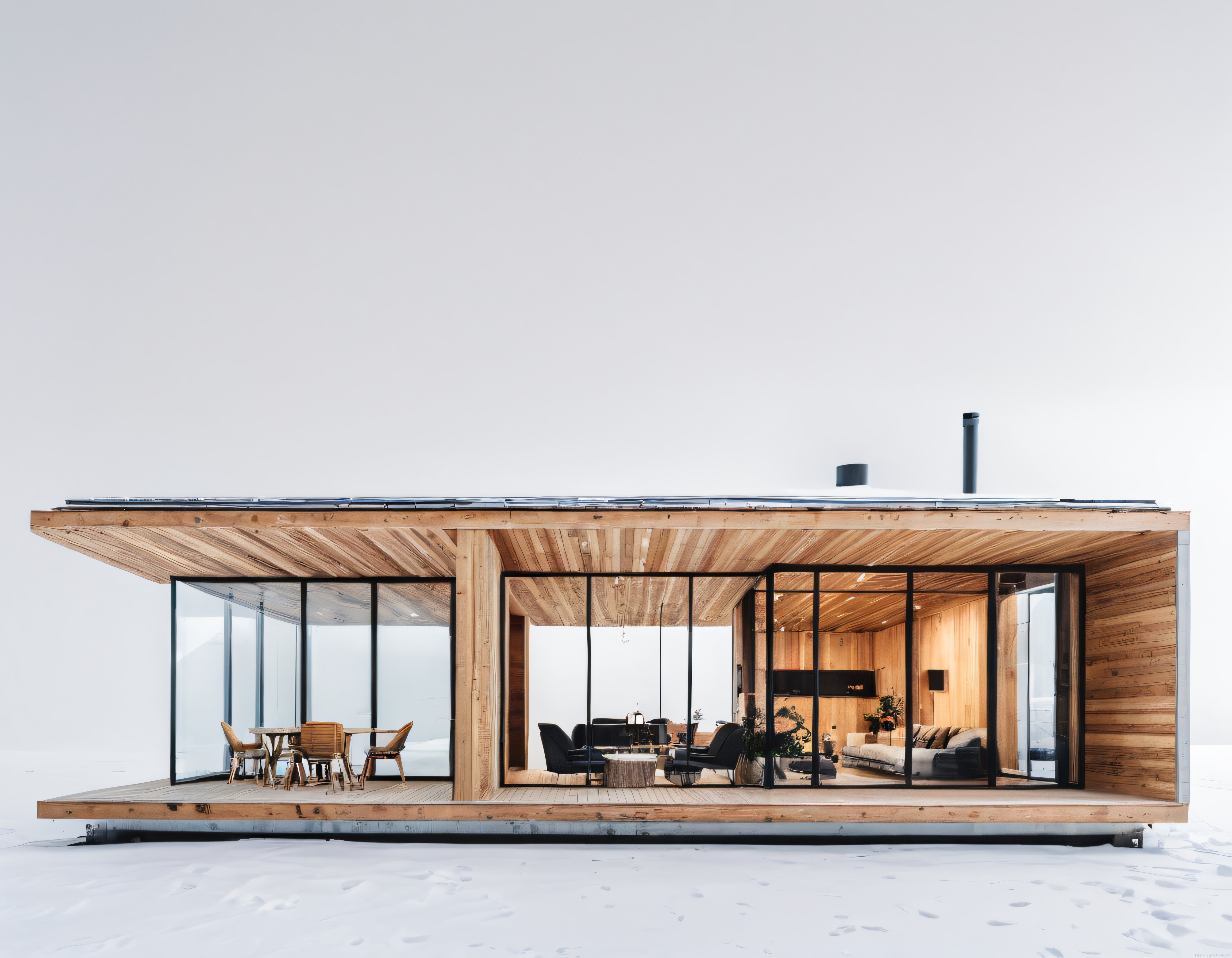 Karlı Doğada Modern Ahşap Cam Ev: Minimalist Isı ve Mimarinin Uyumu