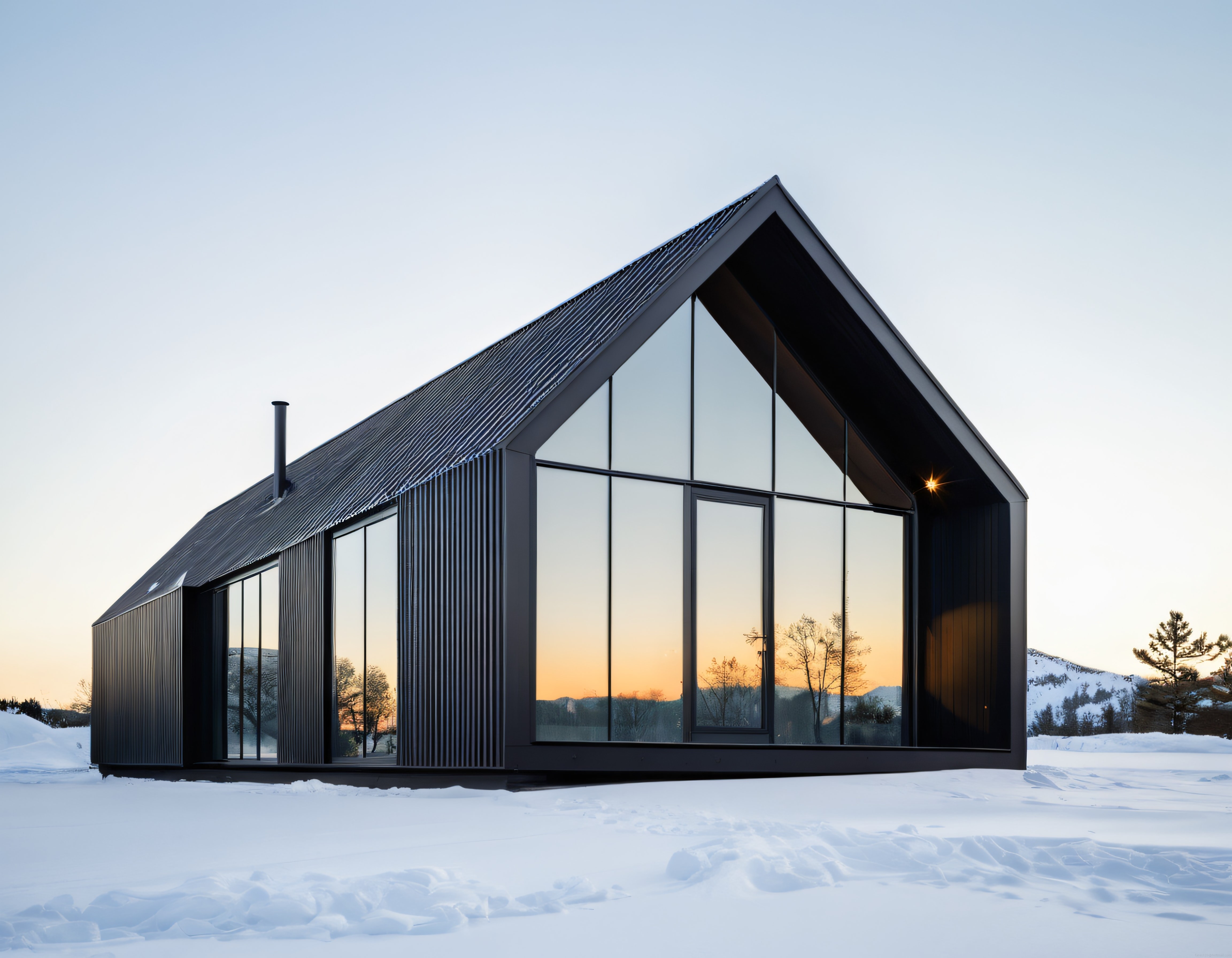 Karlı Doğada Modern Minimalist Ev: Gün Batımında Cam Cephe ve Üçgen Çatı Tasarımı