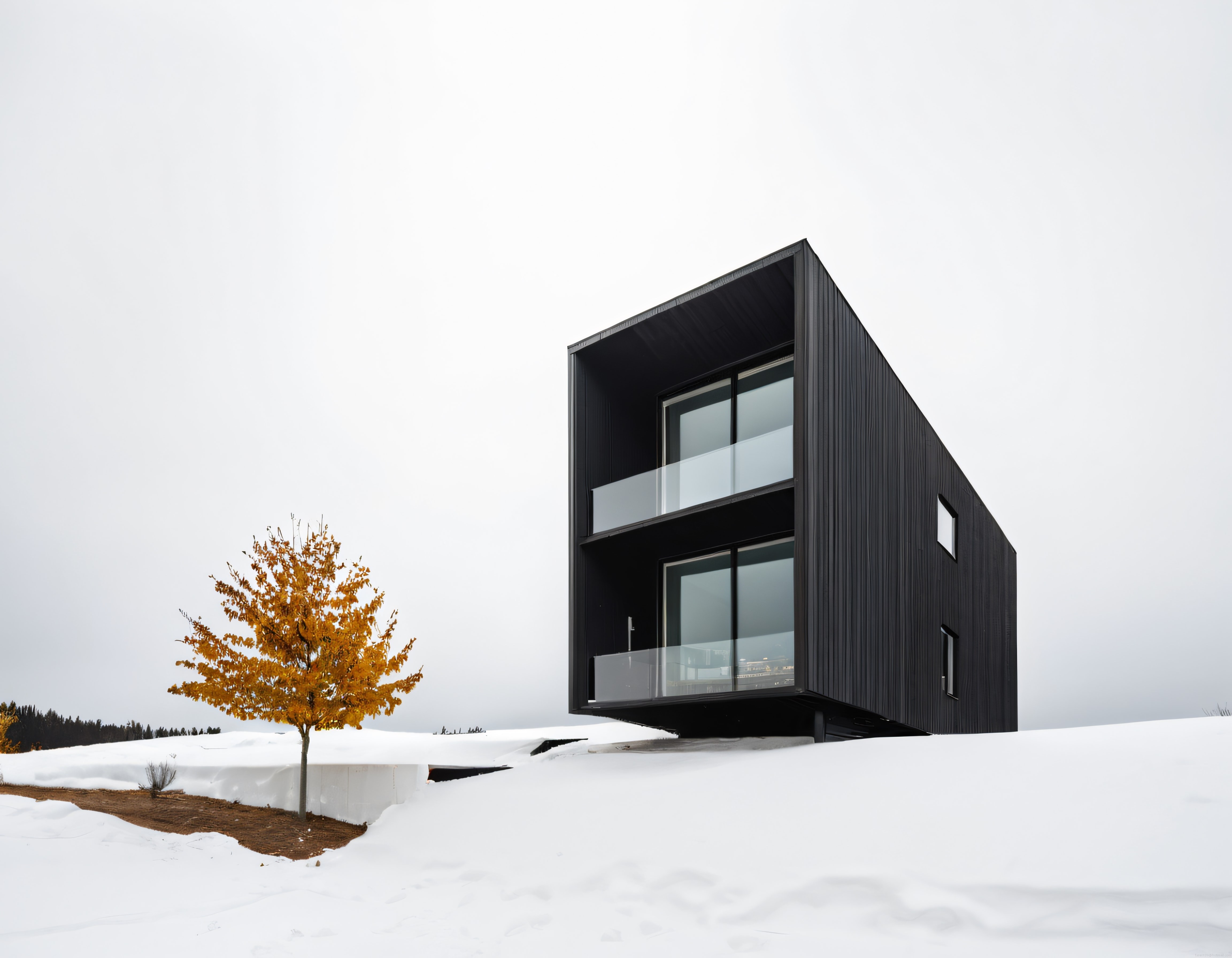 Karlı Doğada Modern Siyah Kübik Ev ve Minimalist Mimari Tasarım