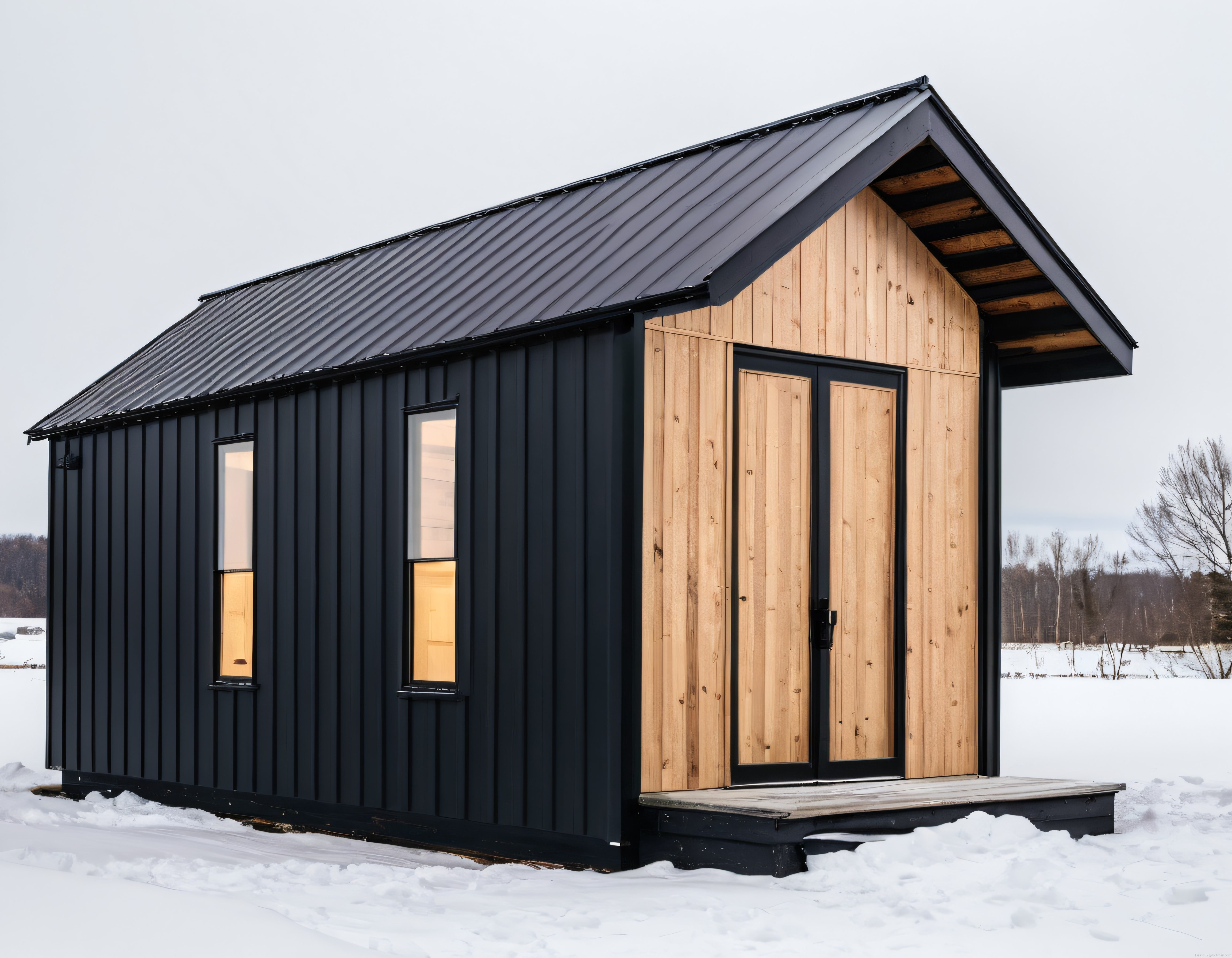 Karlı Doğada Modern ve Minimalist Ahşap Detaylı Tiny House Mimari Tasarım