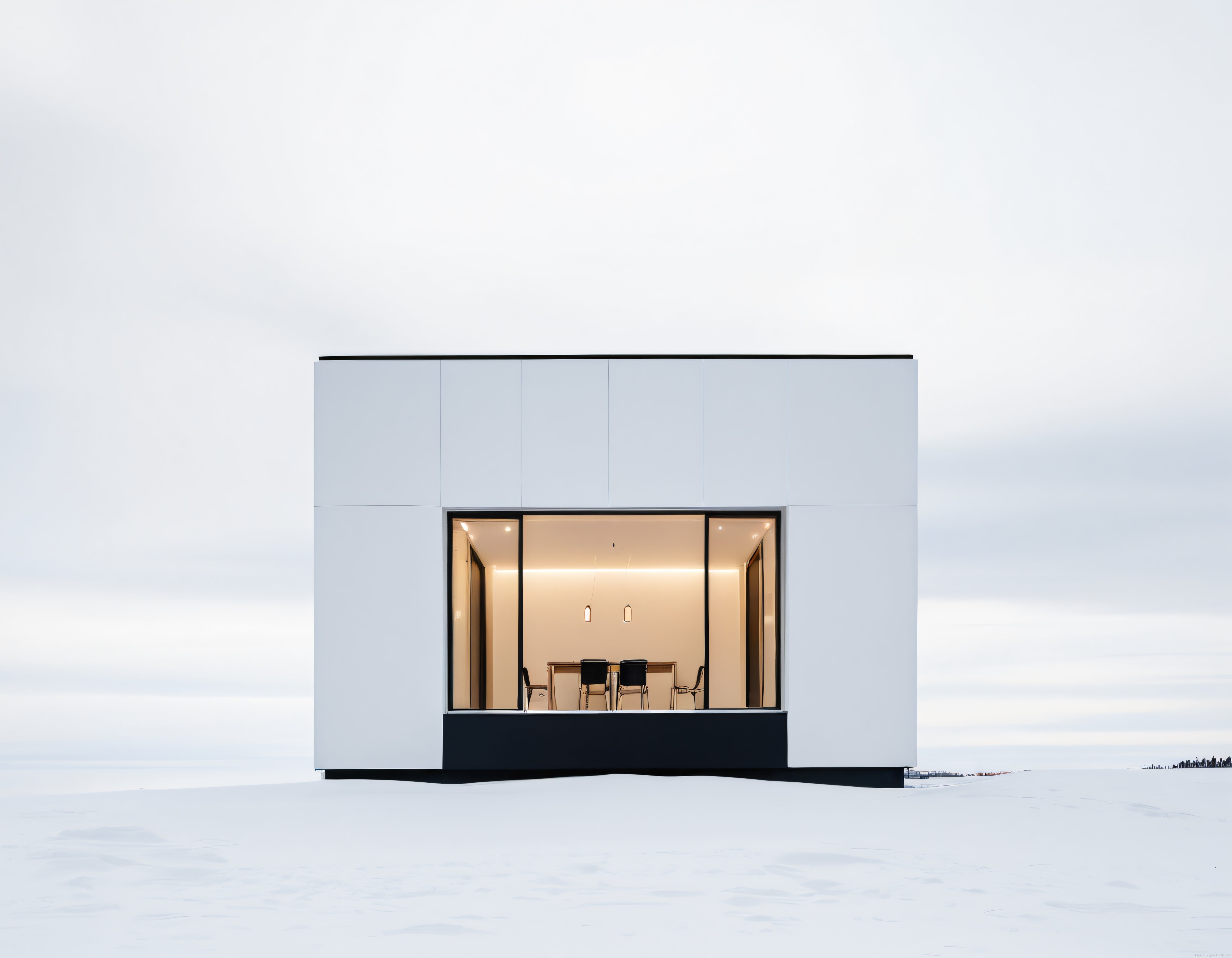 Karlı Doğada Sıcak Işıklarıyla Modern ve Minimalist Kübik Mimari Yapı
