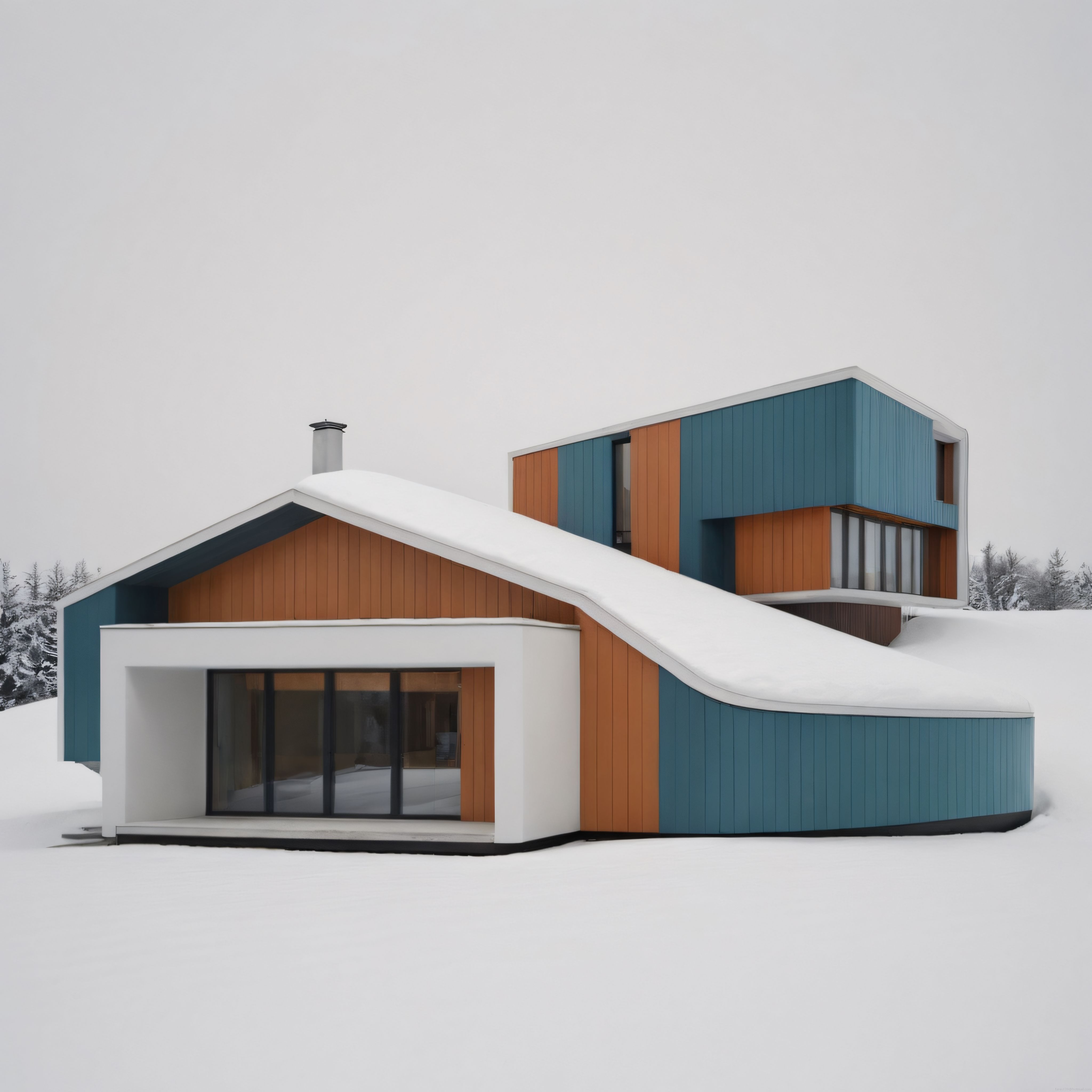 Karlı Doğada Turkuaz ve Ahşap Detaylarıyla Büyüleyici Modern Dağ Evi