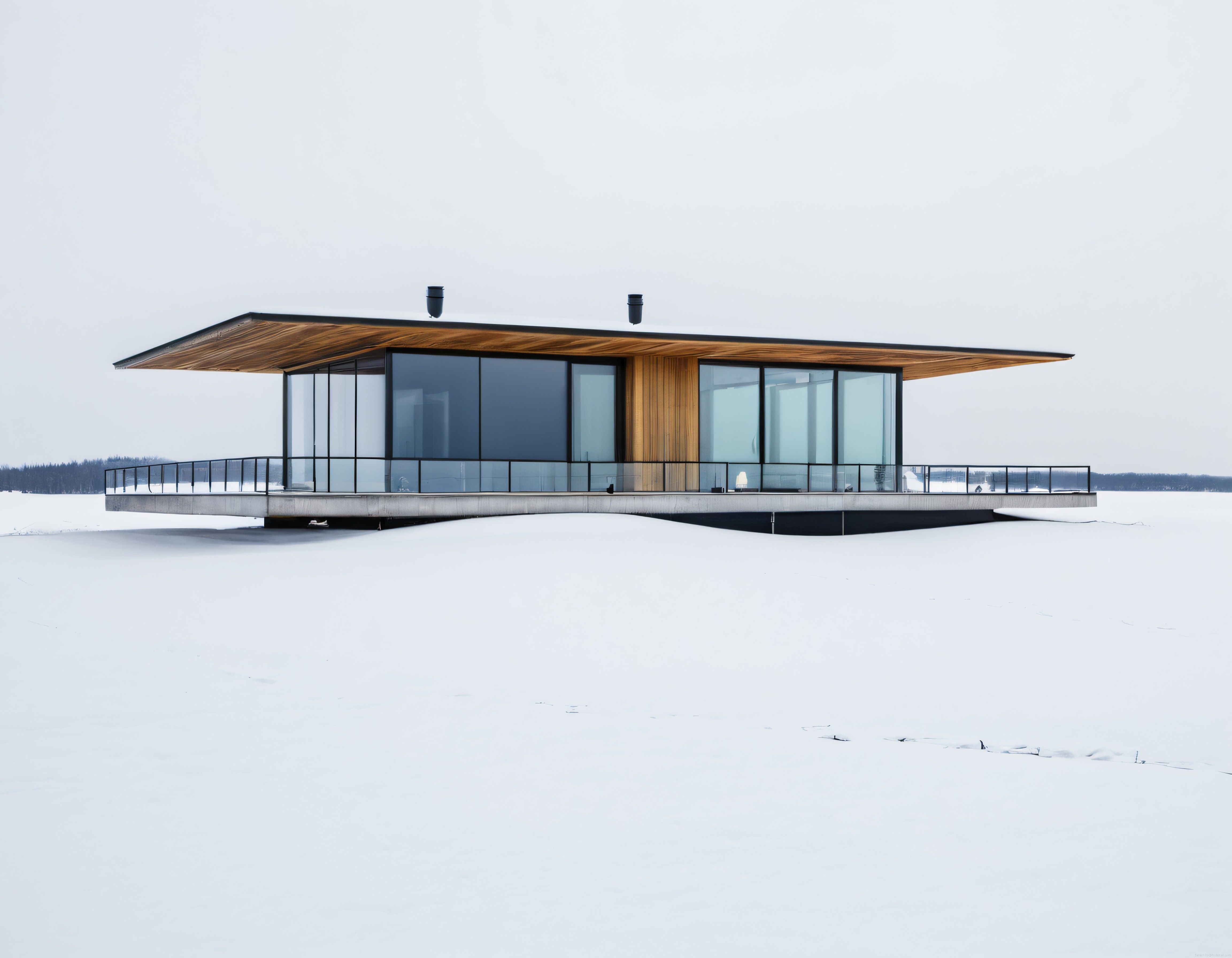 Karlı Doğada Yükselen Geniş Camlı Ahşap Çatılı Modern Mimari Villa