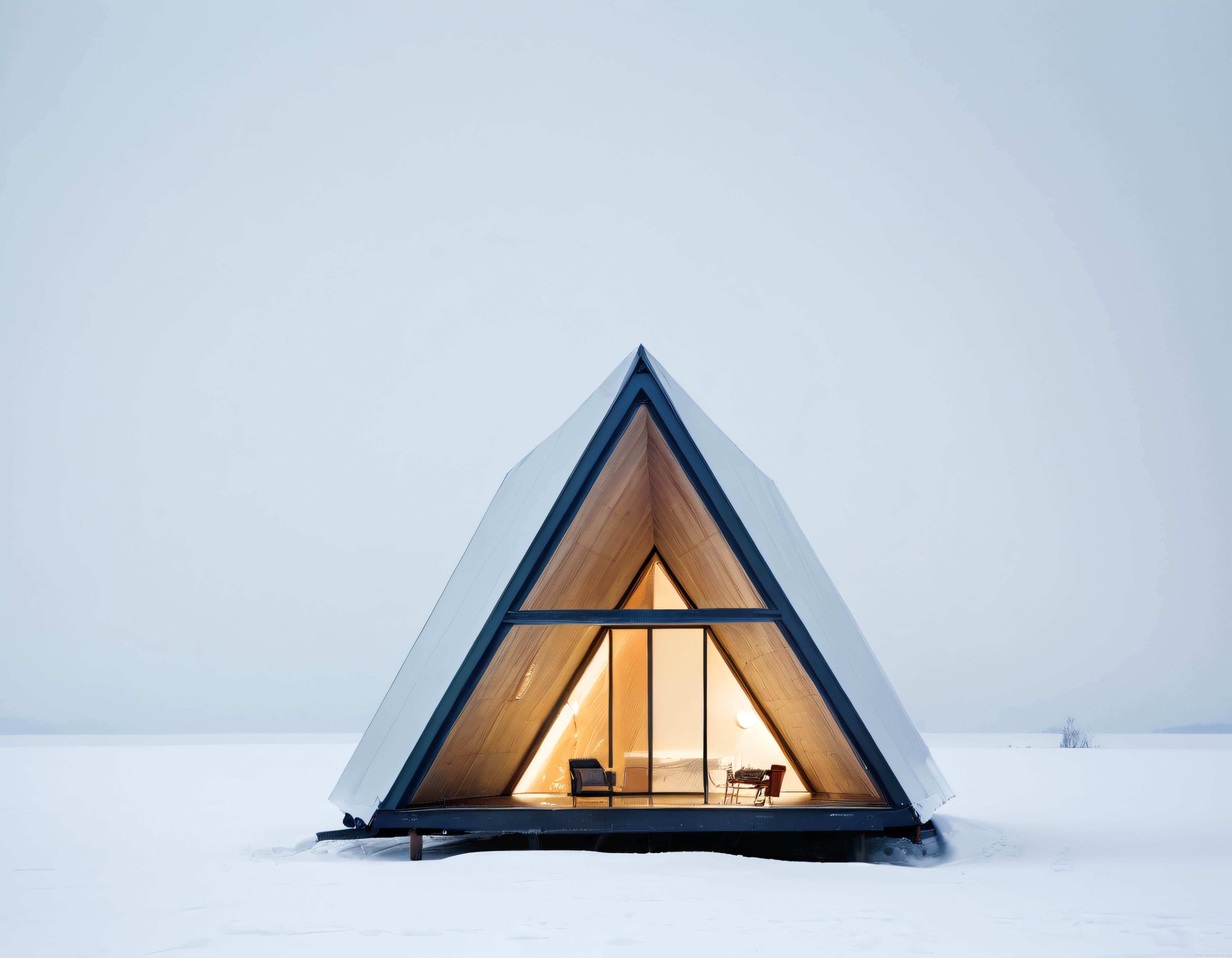 Karlı Doğanın Ortasında Sıcak Işıklı Modern A-Frame Mimari Kulübe
