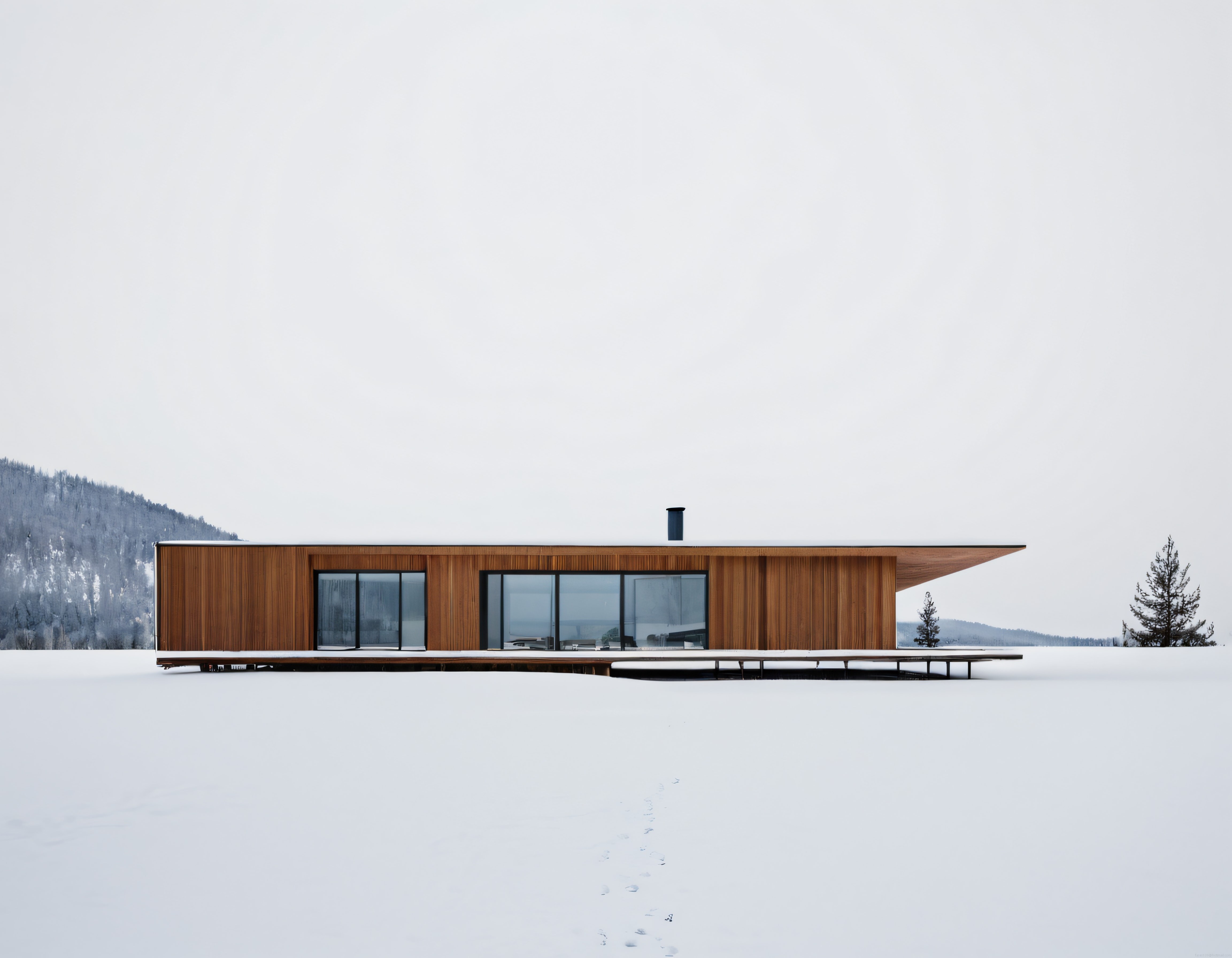 Karlı Doğanın Ortasında Yatay Modern Ahşap Villa ve Geniş Pencereleri