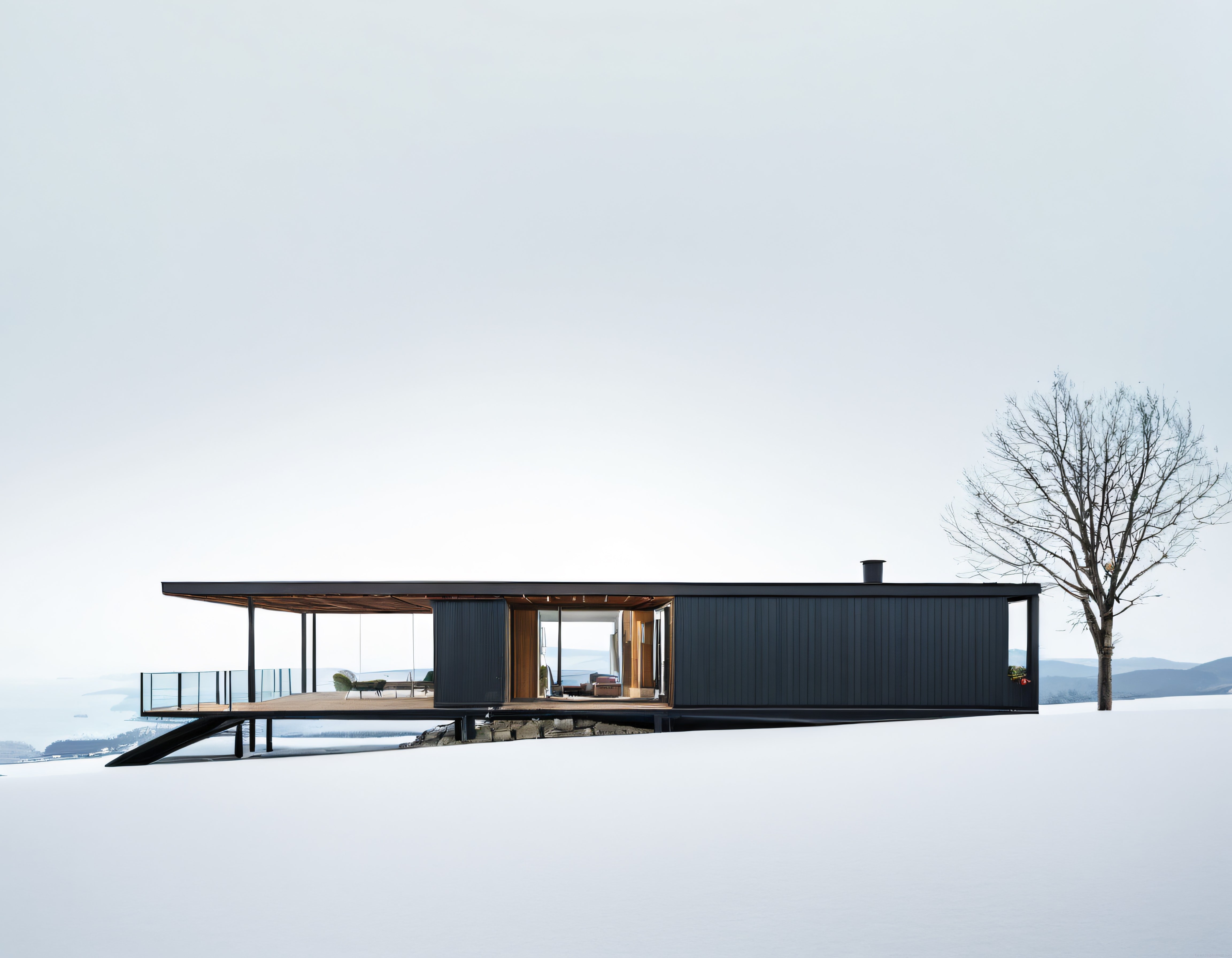 Karlı Eşsiz Manzarada Cam ve Çelikten Minimalist Dağ Evi Tasarımı