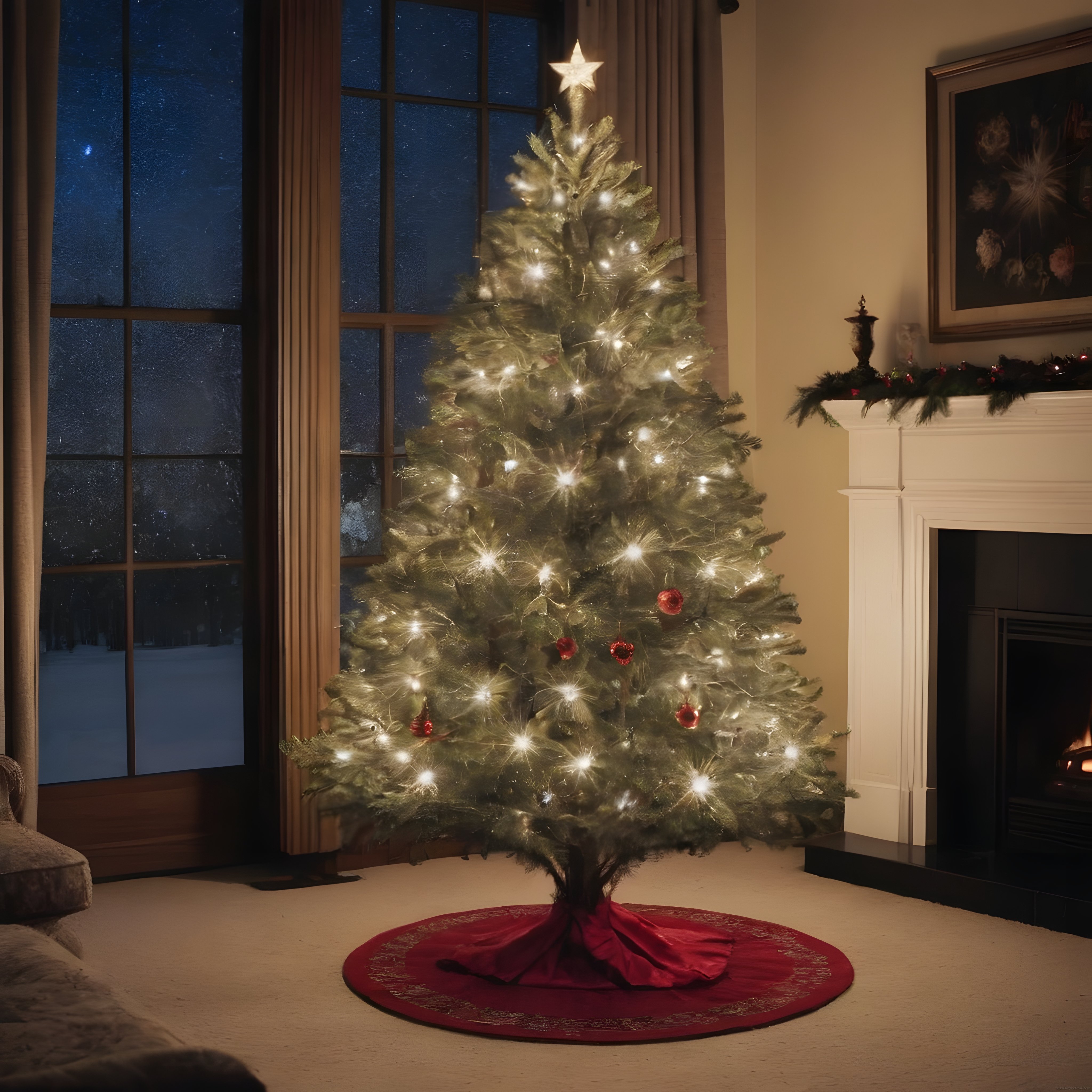 Karlı Gece Manzaralı Şömineli Odada Işıl Işıl Parlayan Noel Ağacı